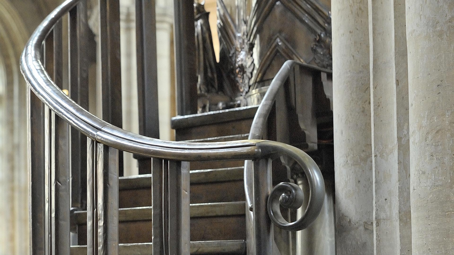 Metal, spiral staircase