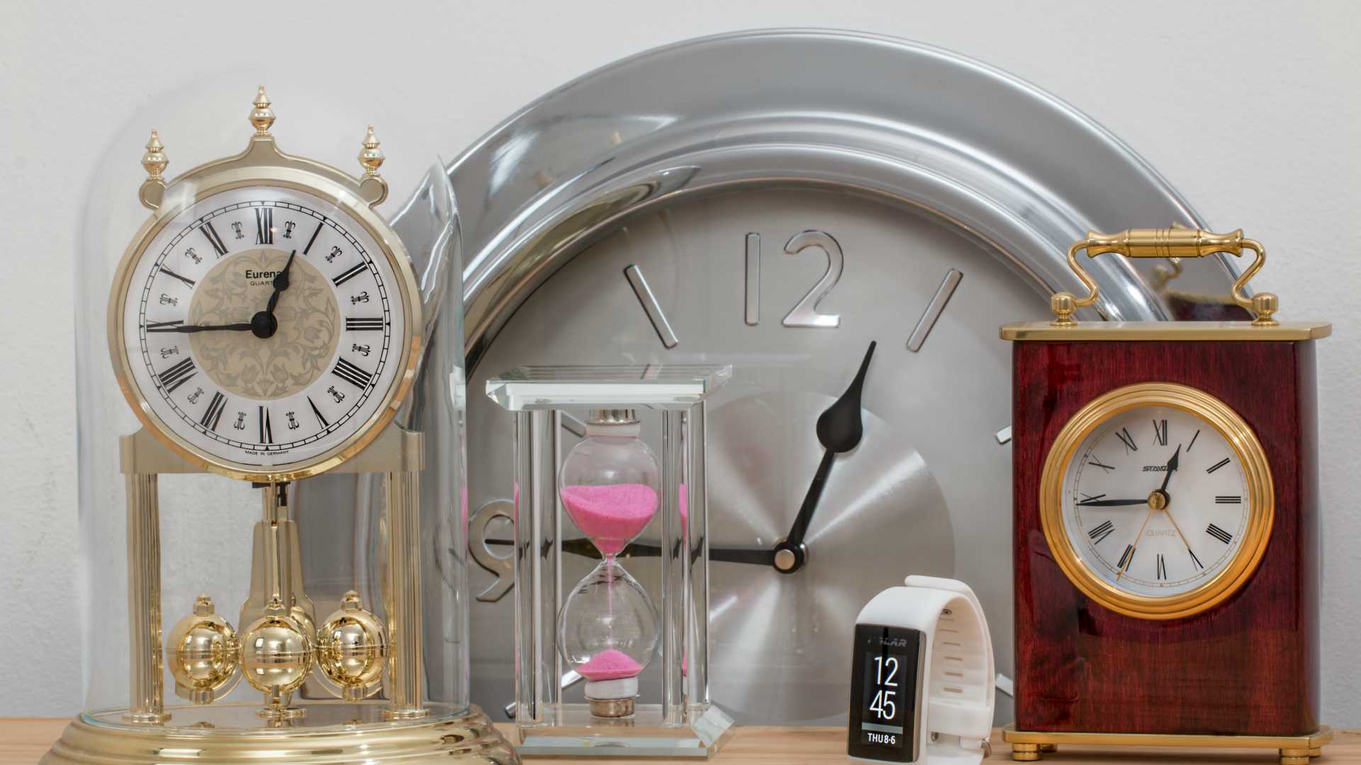 analog and digital clocks, hourglass