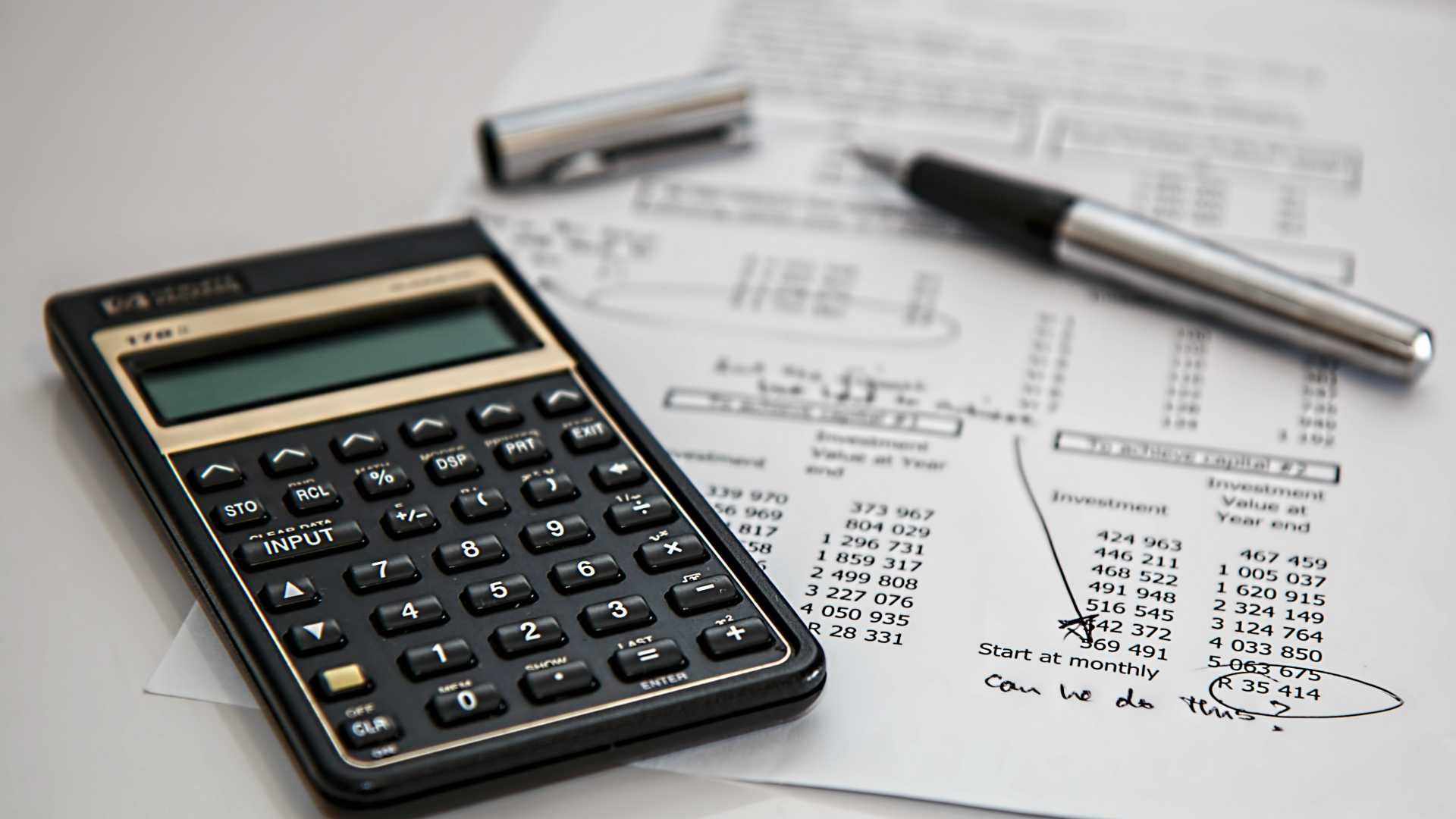 calculator, budget and pen