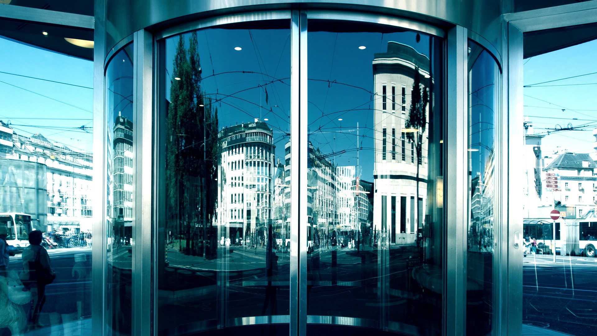 entering an office building