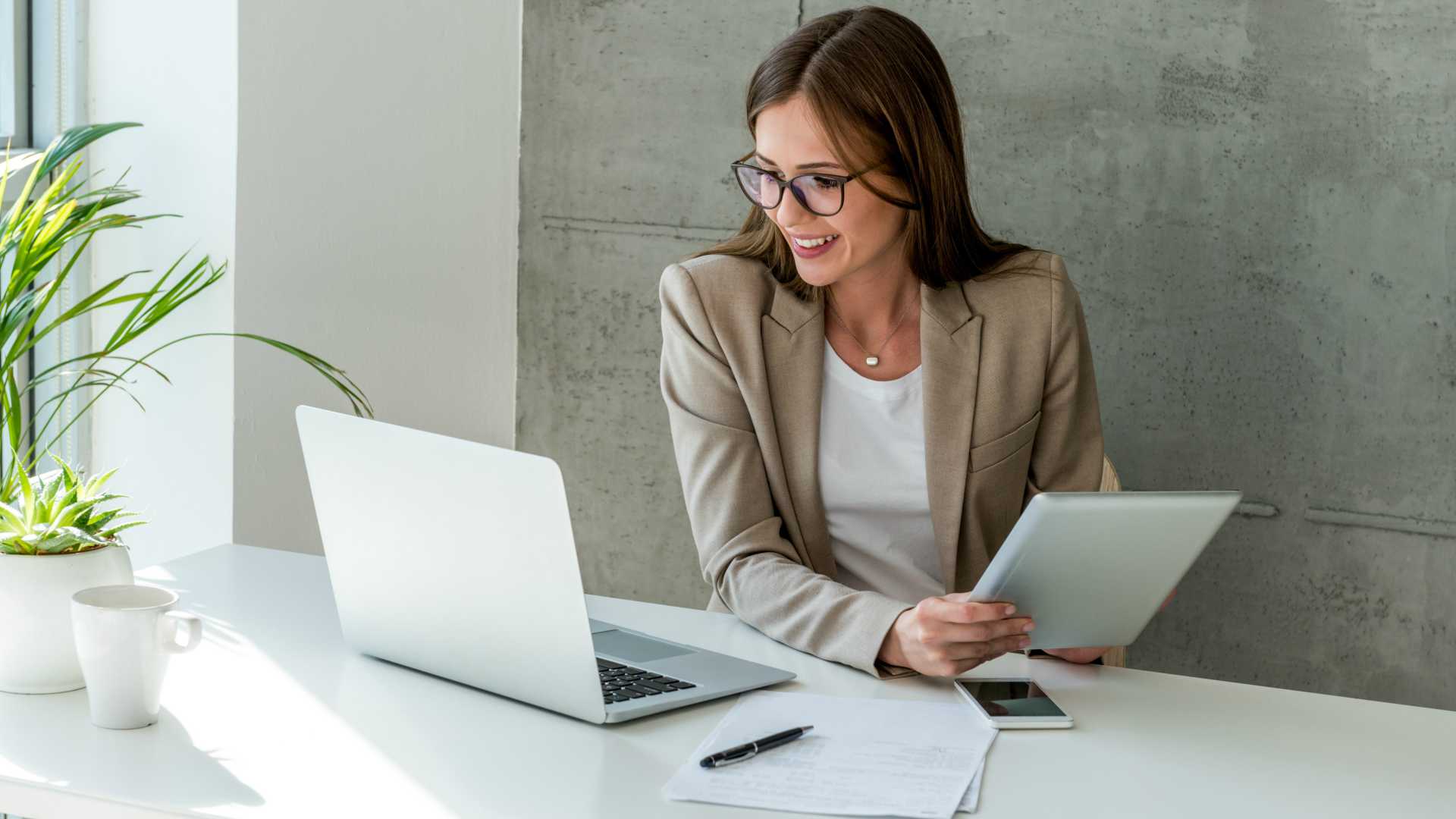 happy woman working with a computer