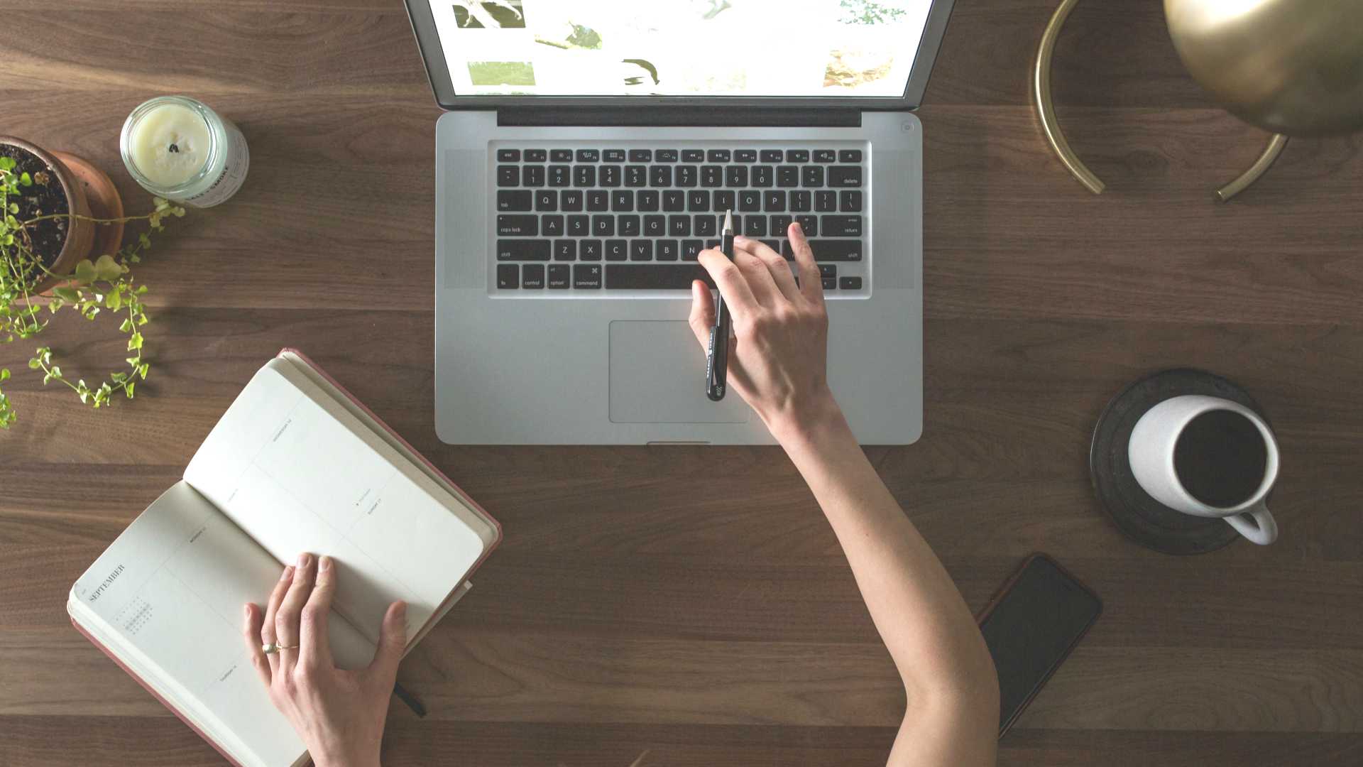 person using a laptop and a notebook with a plant and a cup of coffee on her desk