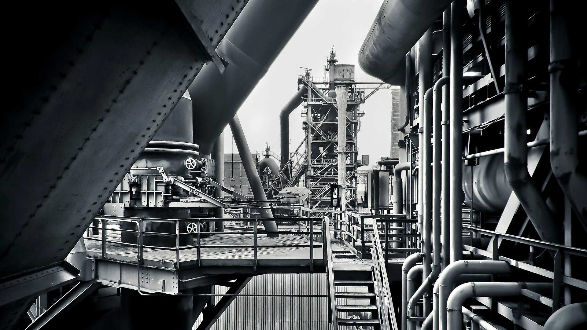 black-and-white photo of a factory