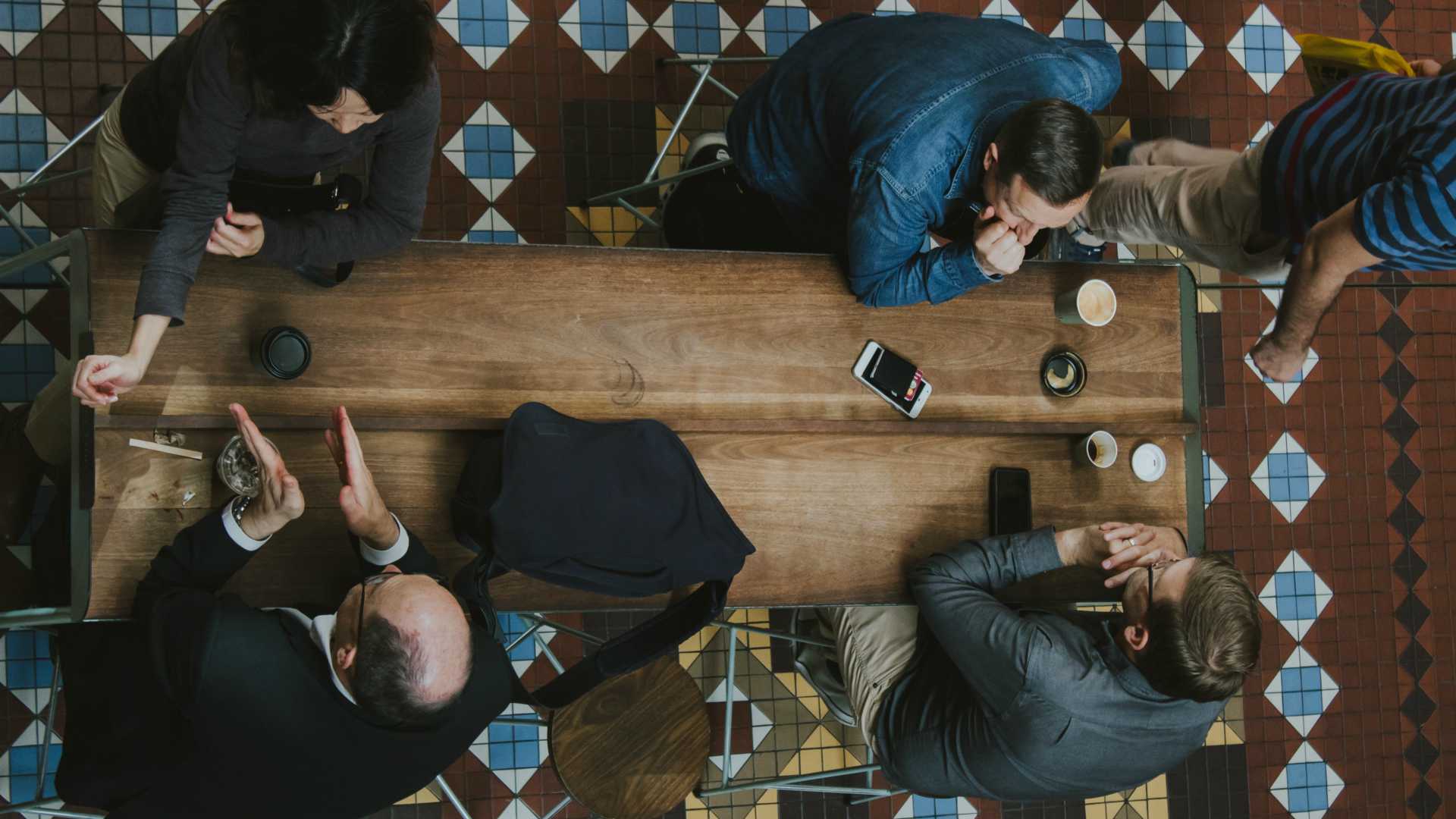 overhead view of employees at a table