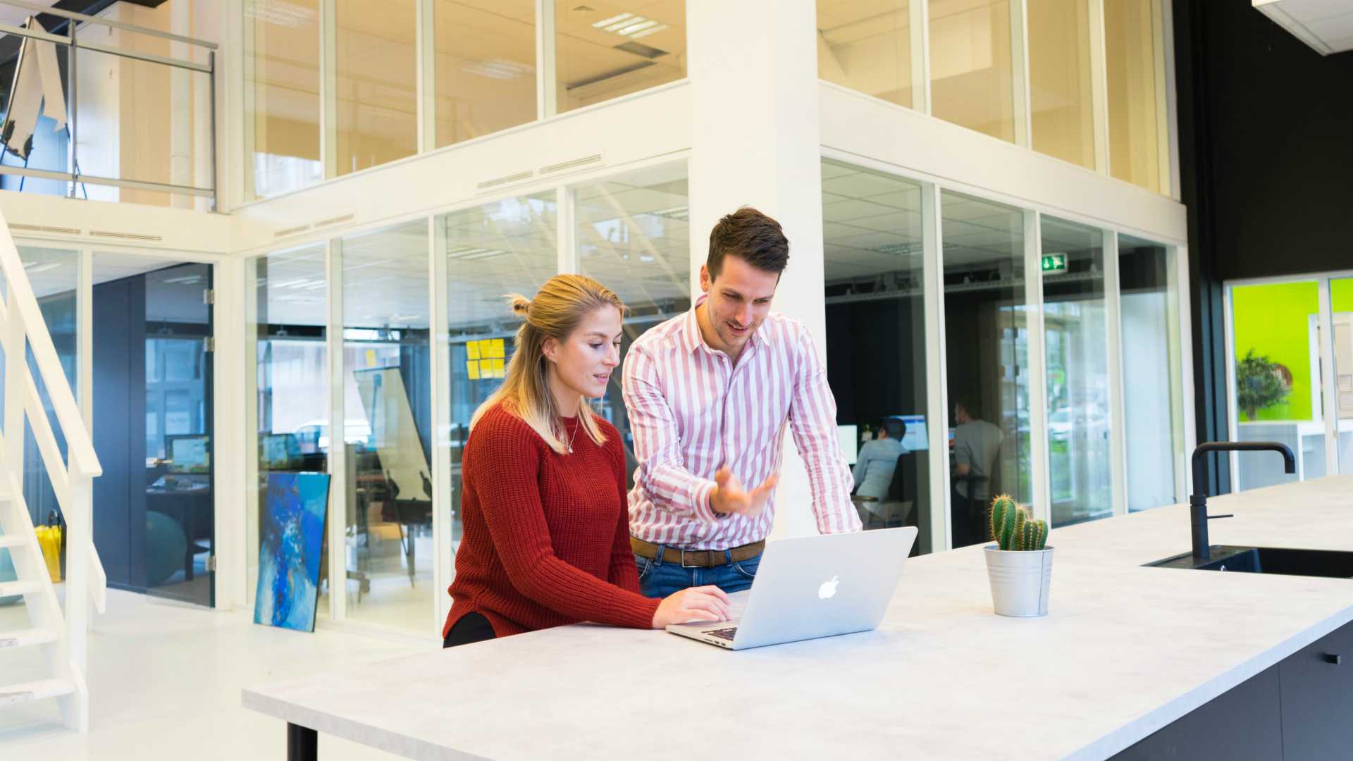 two professionals looking at a laptop