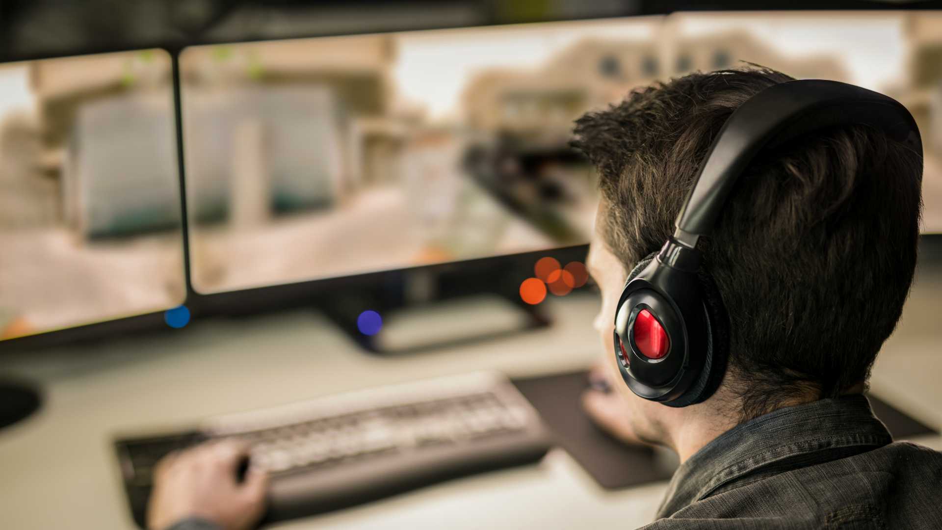 view from behind of a man playing a computer game