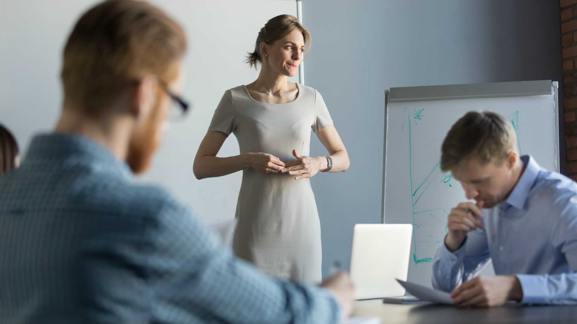 Stressed business woman leader executive in tension feels worried thinking of problem challenge at meeting, female speaker nervous about result waiting for clients decision after sales presentation