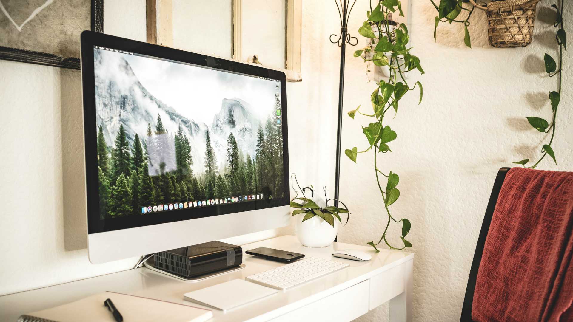 In-home workspace with desktop work computer and hanging house plants