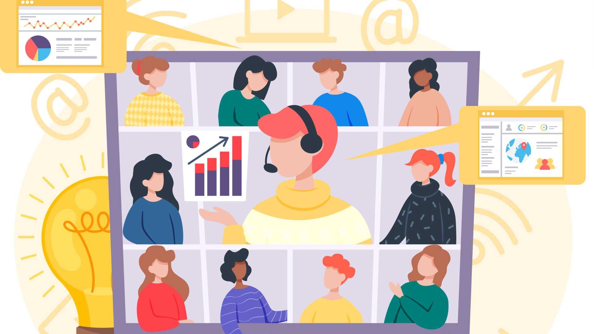 An illustrated graphic of people in a virtual meeting discussing ideas