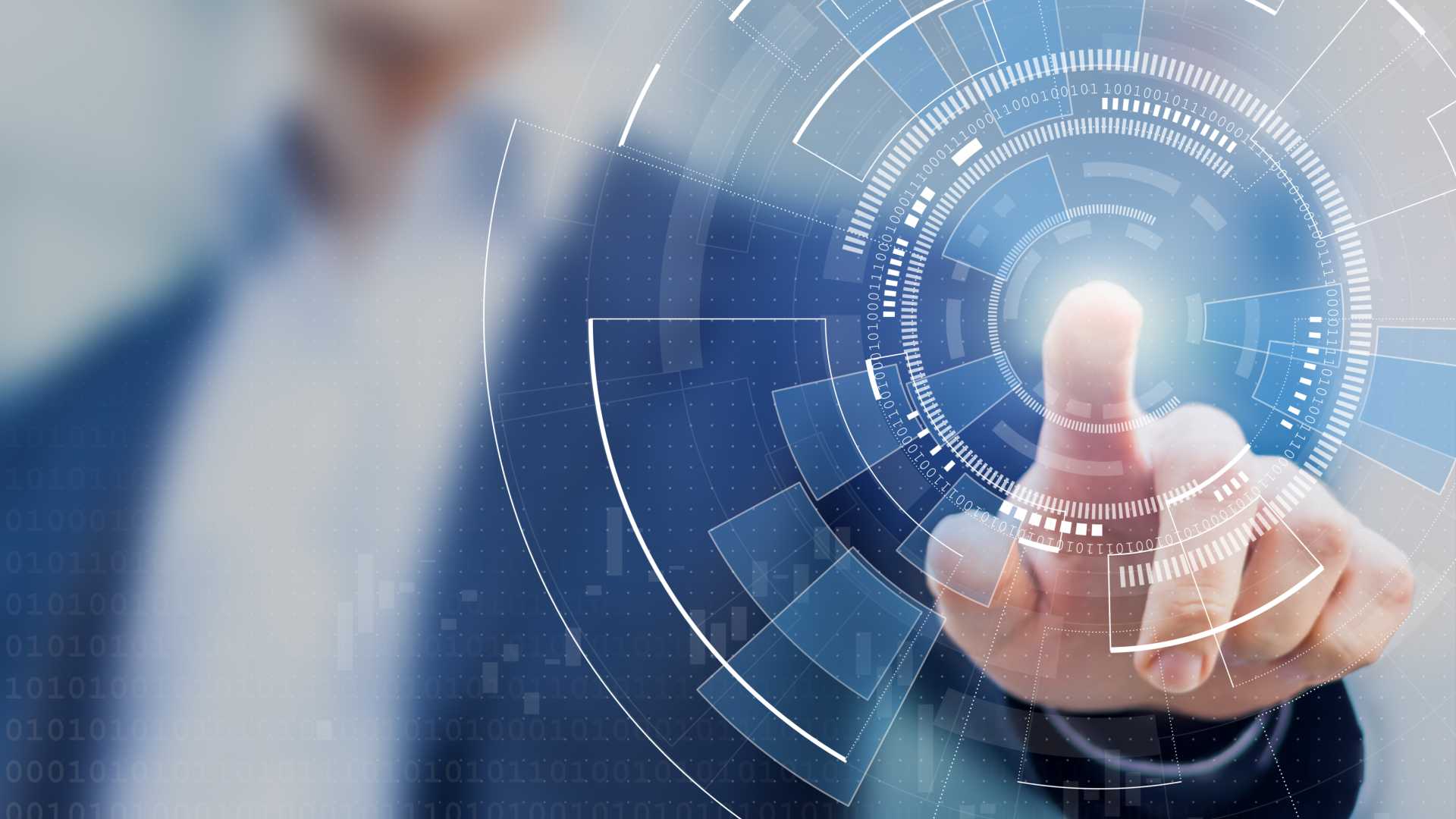 Digital coding, man pressing a digital transparent screen