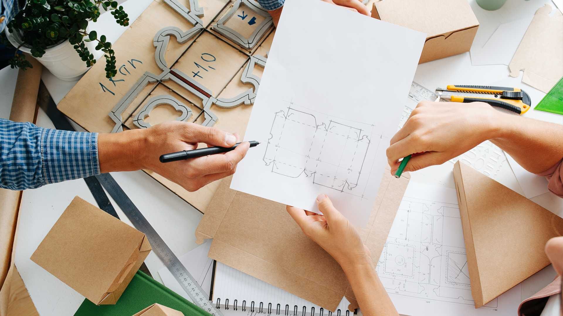 Hands holding a blueprint for a building construction over a table with tools.