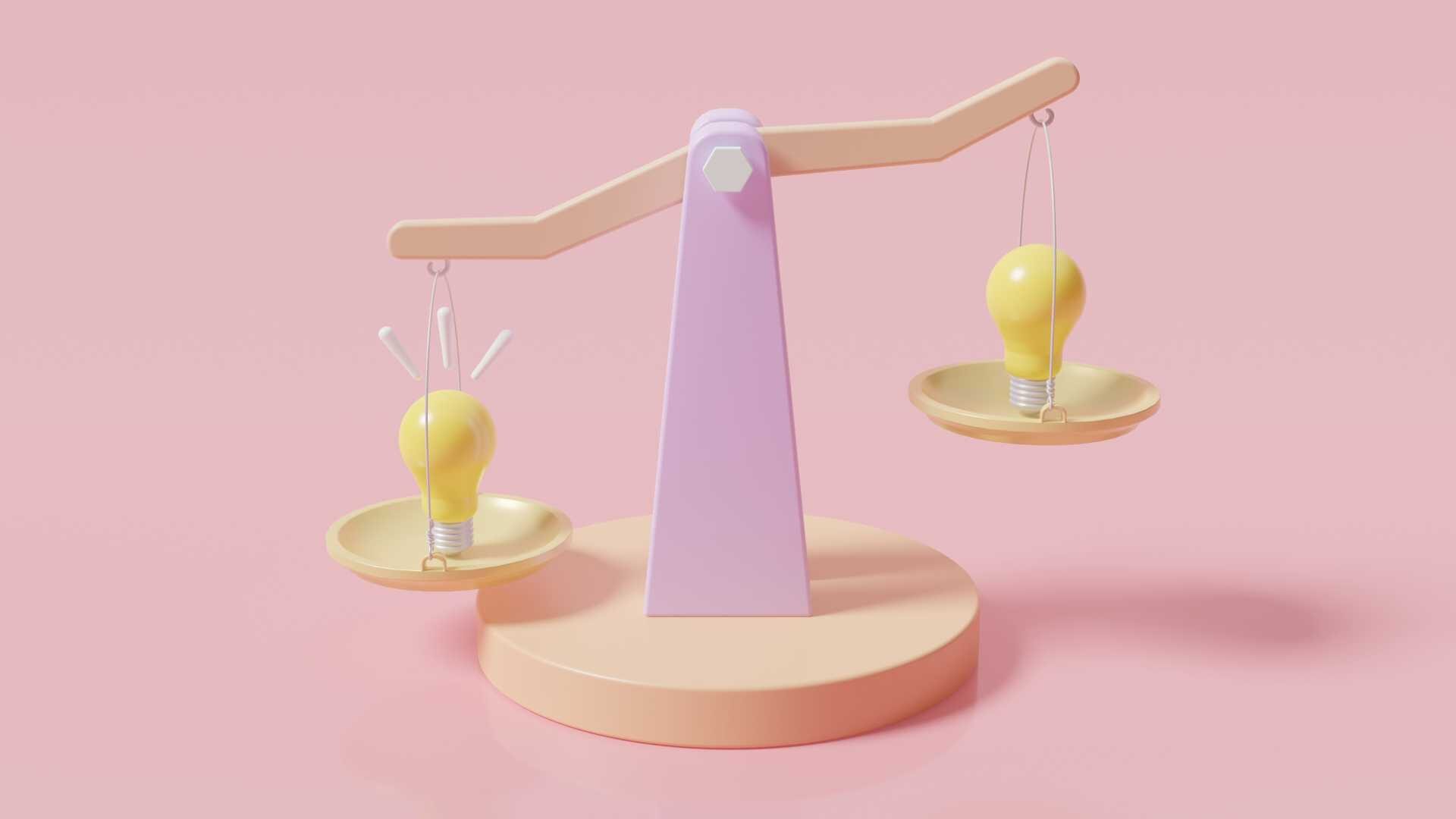 A scale holds a lightbulb on either side and leans toward the left