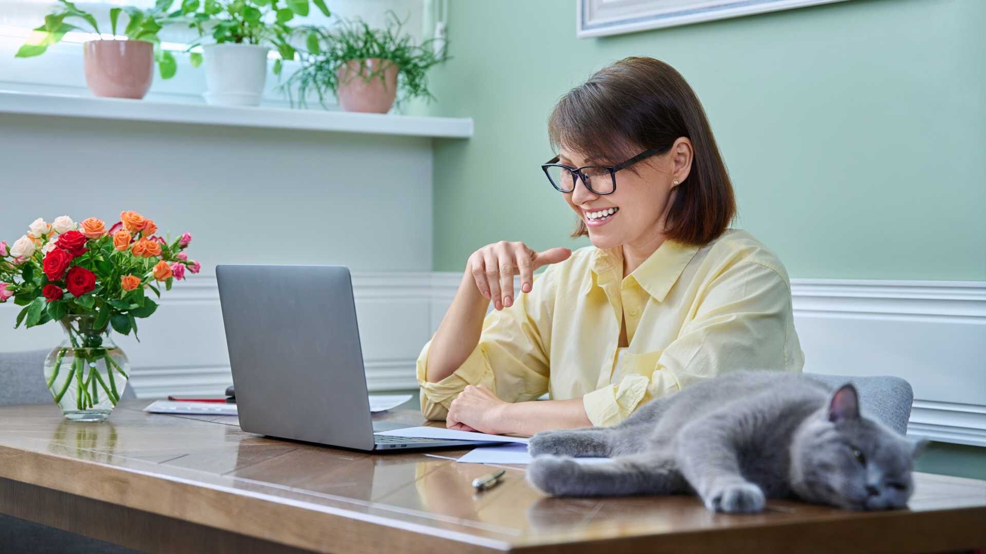 Woman wearing glasses sitting at her desk on her laptop with her gray cat lying on top of the desk.