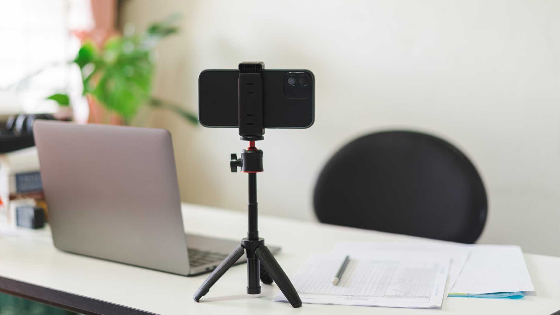 A work from home set-up with video software in front of a laptop