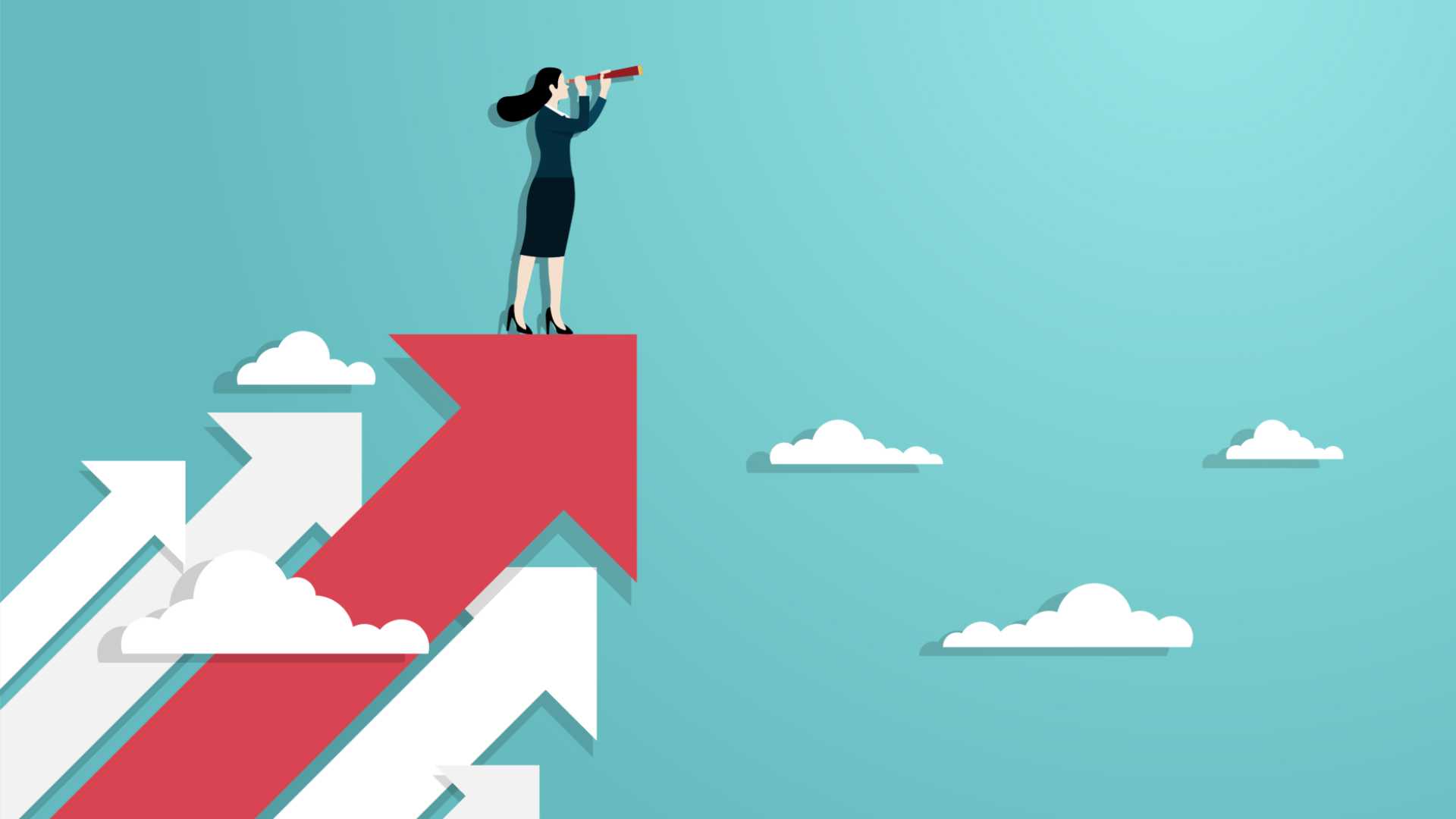 Business woman holding telescope standing on red arrow up go to success in career.