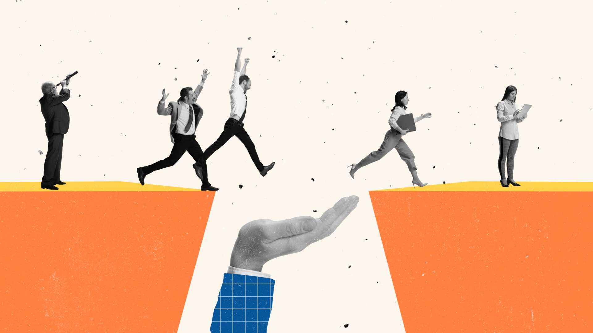 Animation of cut out people jumping over a chasm, a hand in the middle of the chasm there to help the people jump across.