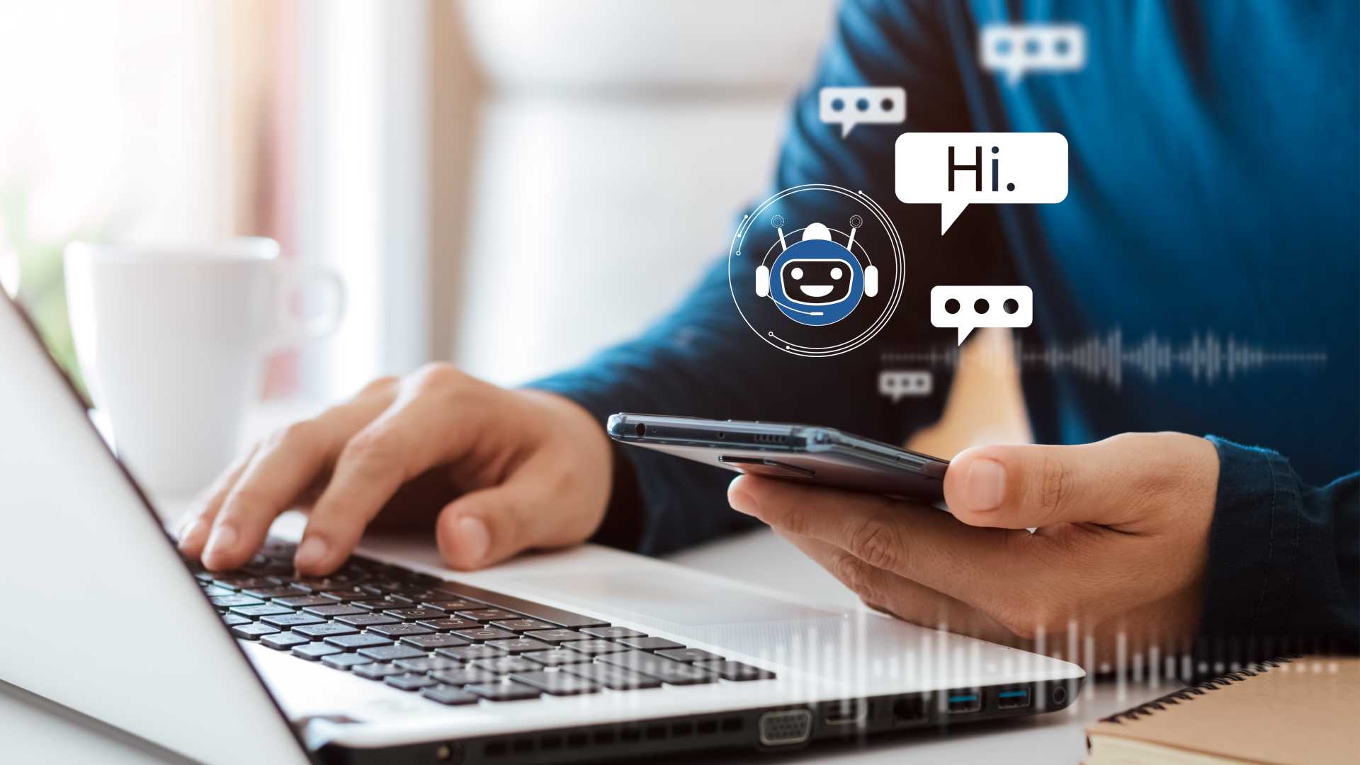 Someone is using a computer and a mobile application using artificial intelligence chatbots