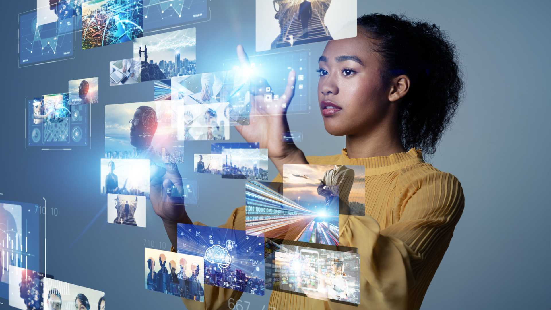 A person is interacting with AI images projected in front of them