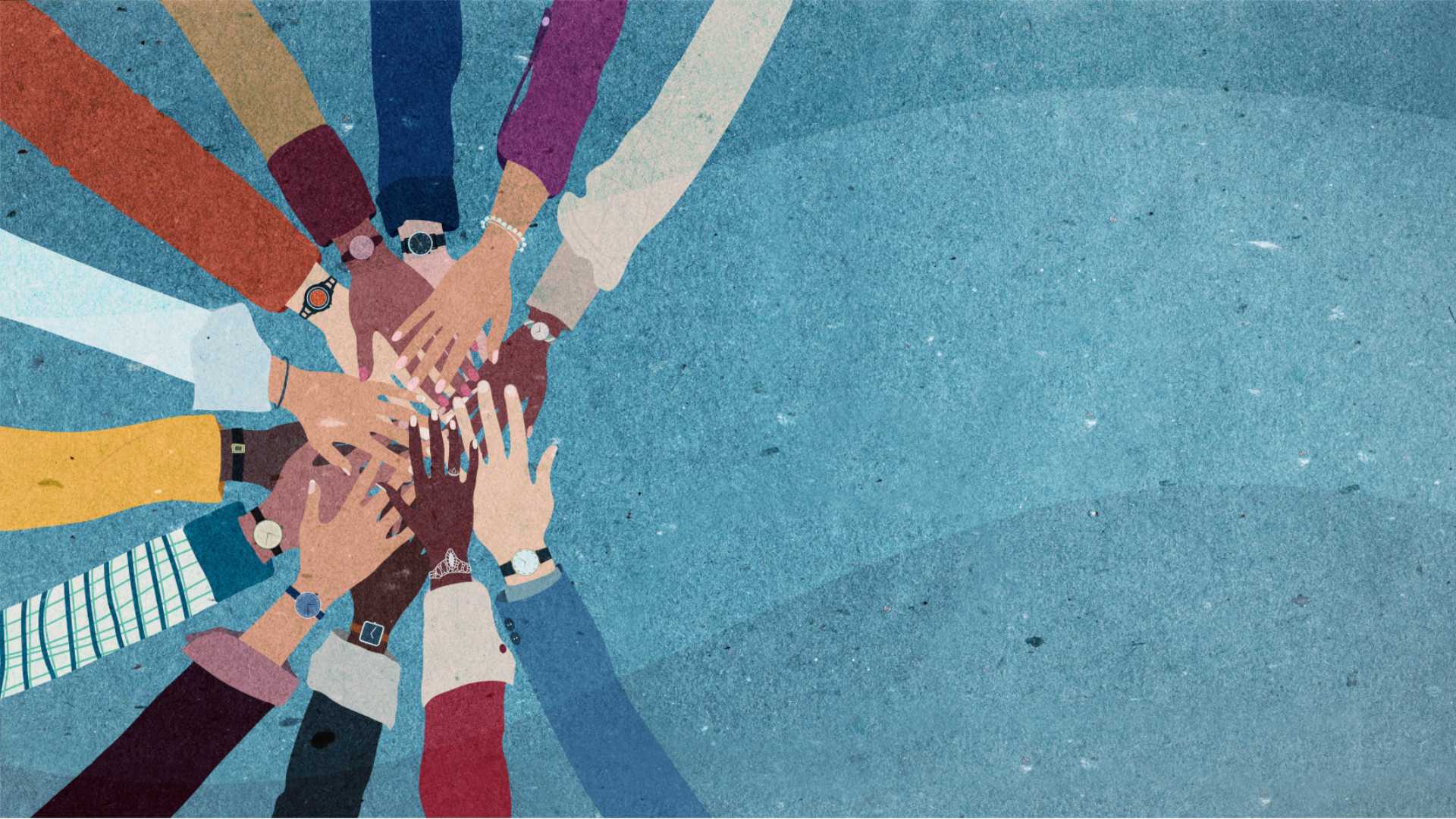 An illustration of a diverse group of people's hands all stacked together