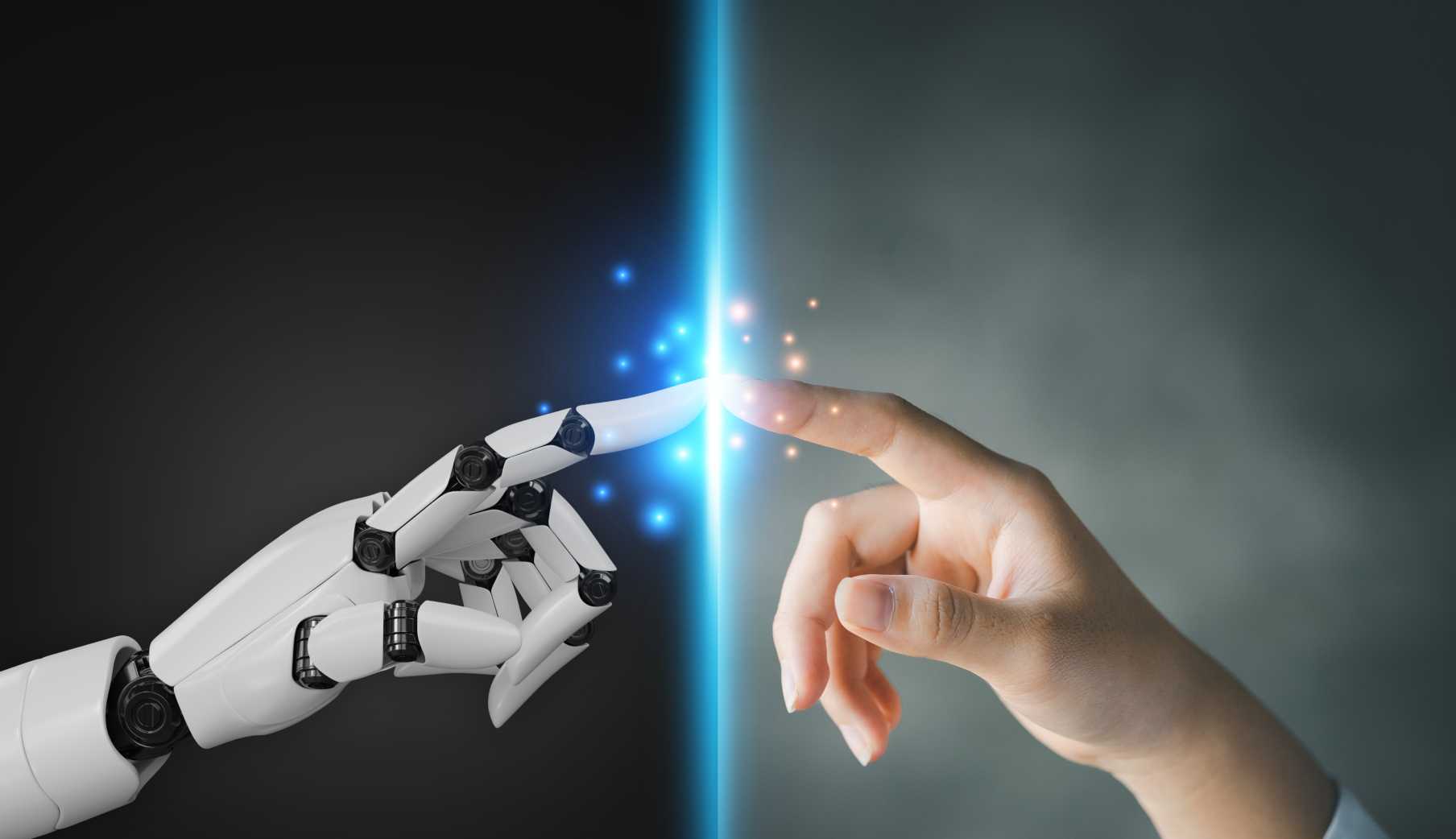 A human hand and a robot hand touch index fingers together. Where they touch, a brilliant star of personalization can be seen, as if by the mind's eye.