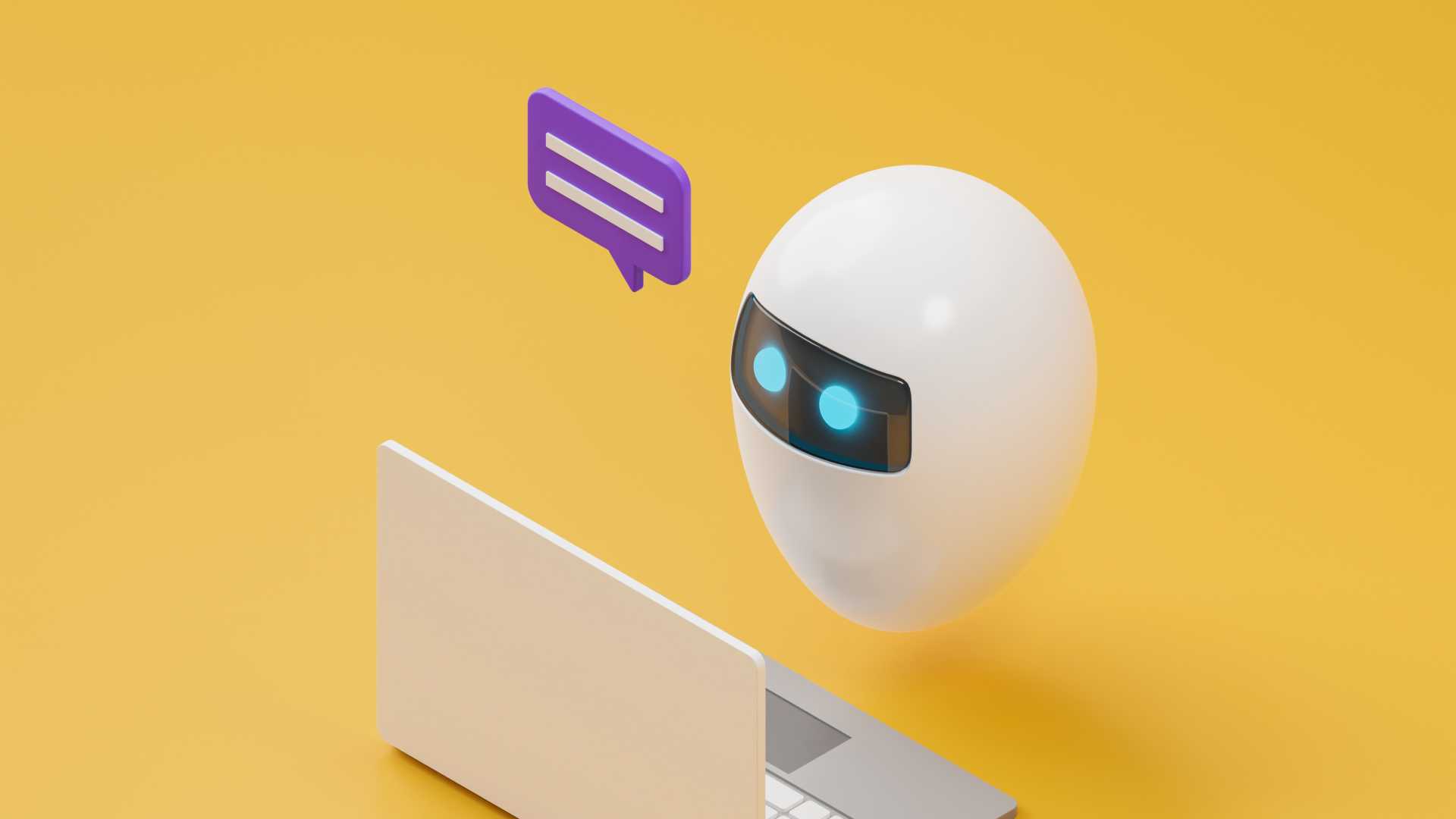White bot hovering in front of white open laptop with a purple chat box above its head. Background is yellow.