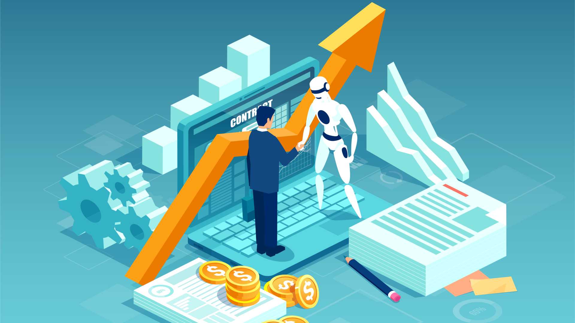 An illustration of a human and an android shaking hands on top of a laptop with graph imagery around them