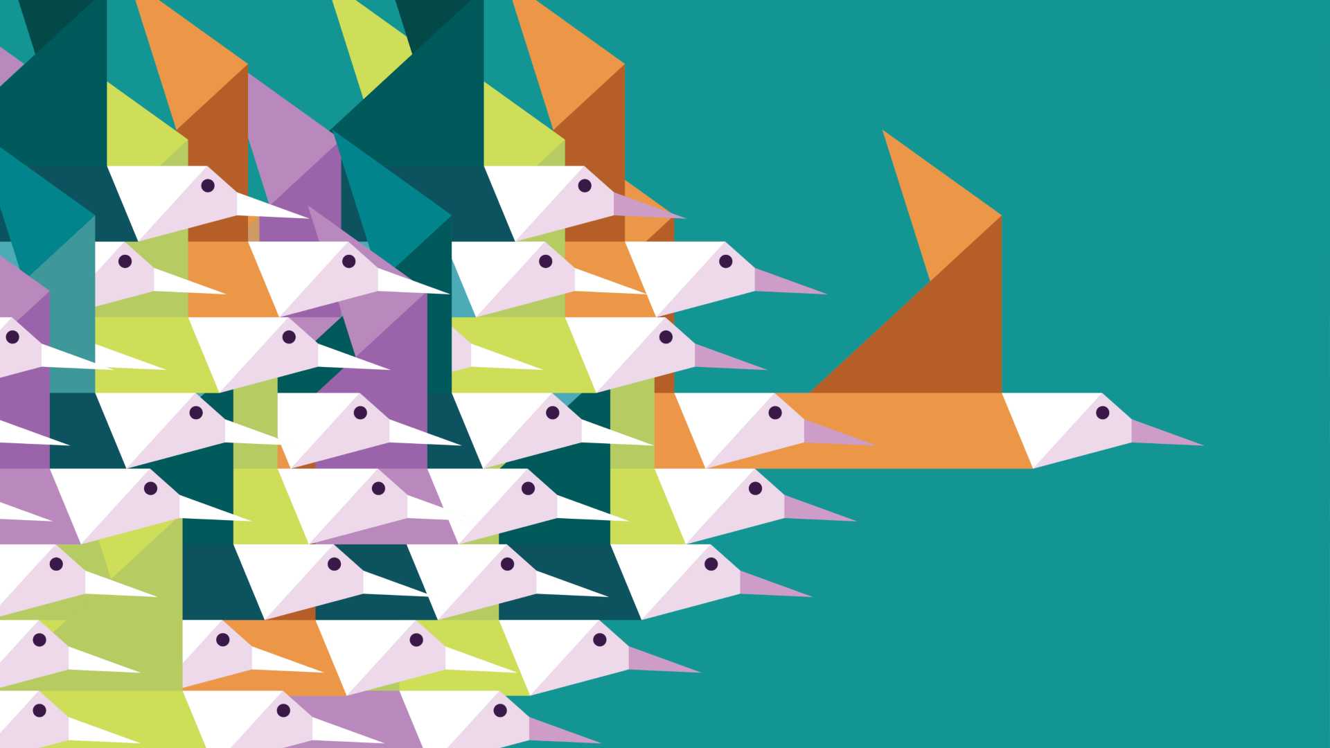 A graphic image of a flock of birds being led forward