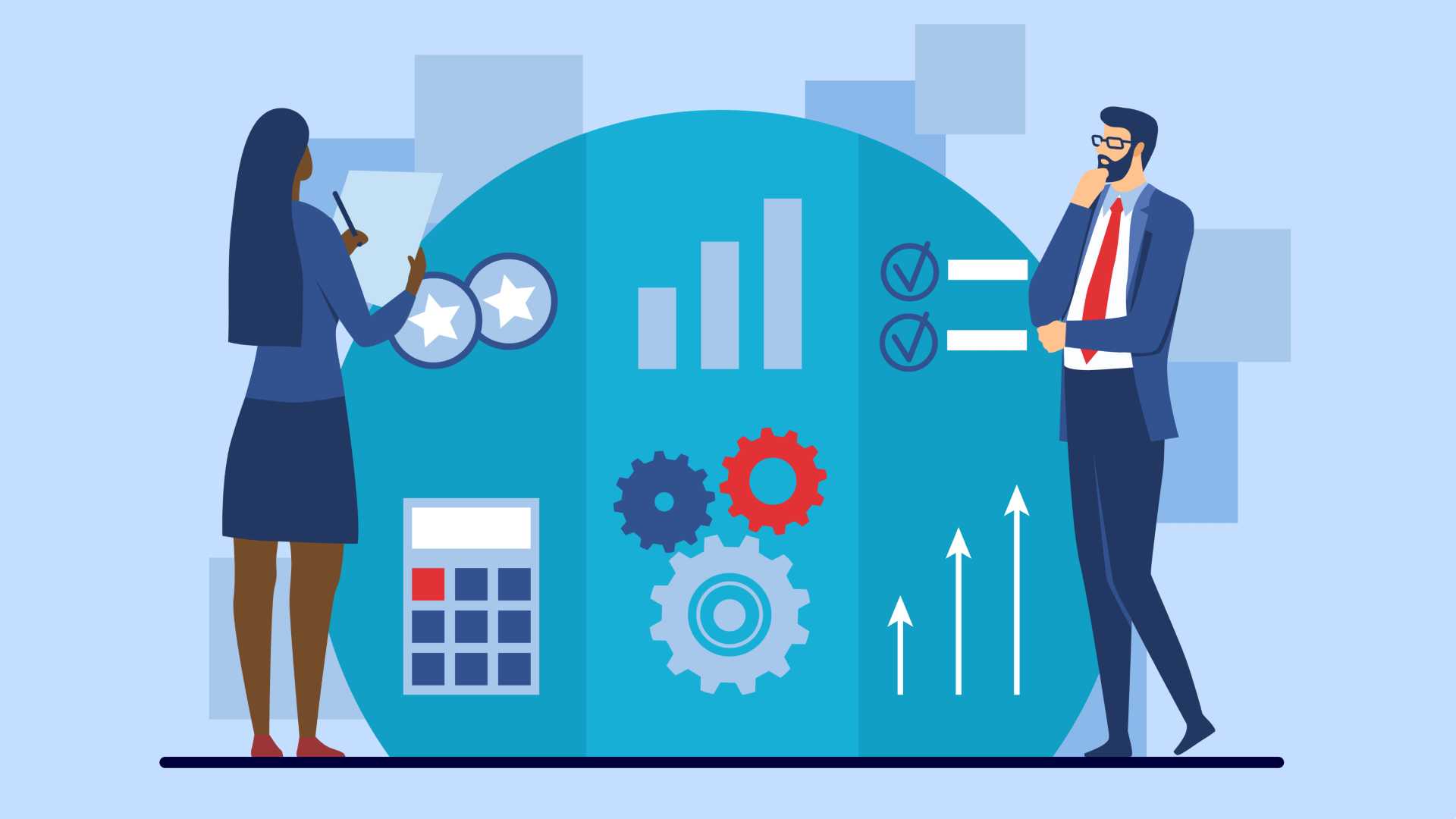 Animated co-workers in a simulated digital environment with computer icons.