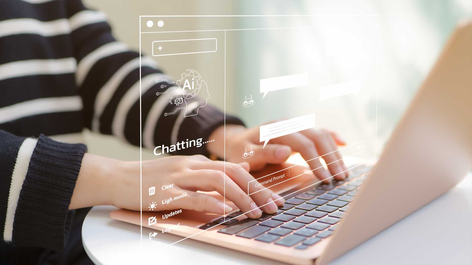 Hands typing on the keyboard of an open laptop with an overlay depicting a conversation using a generative AI platform