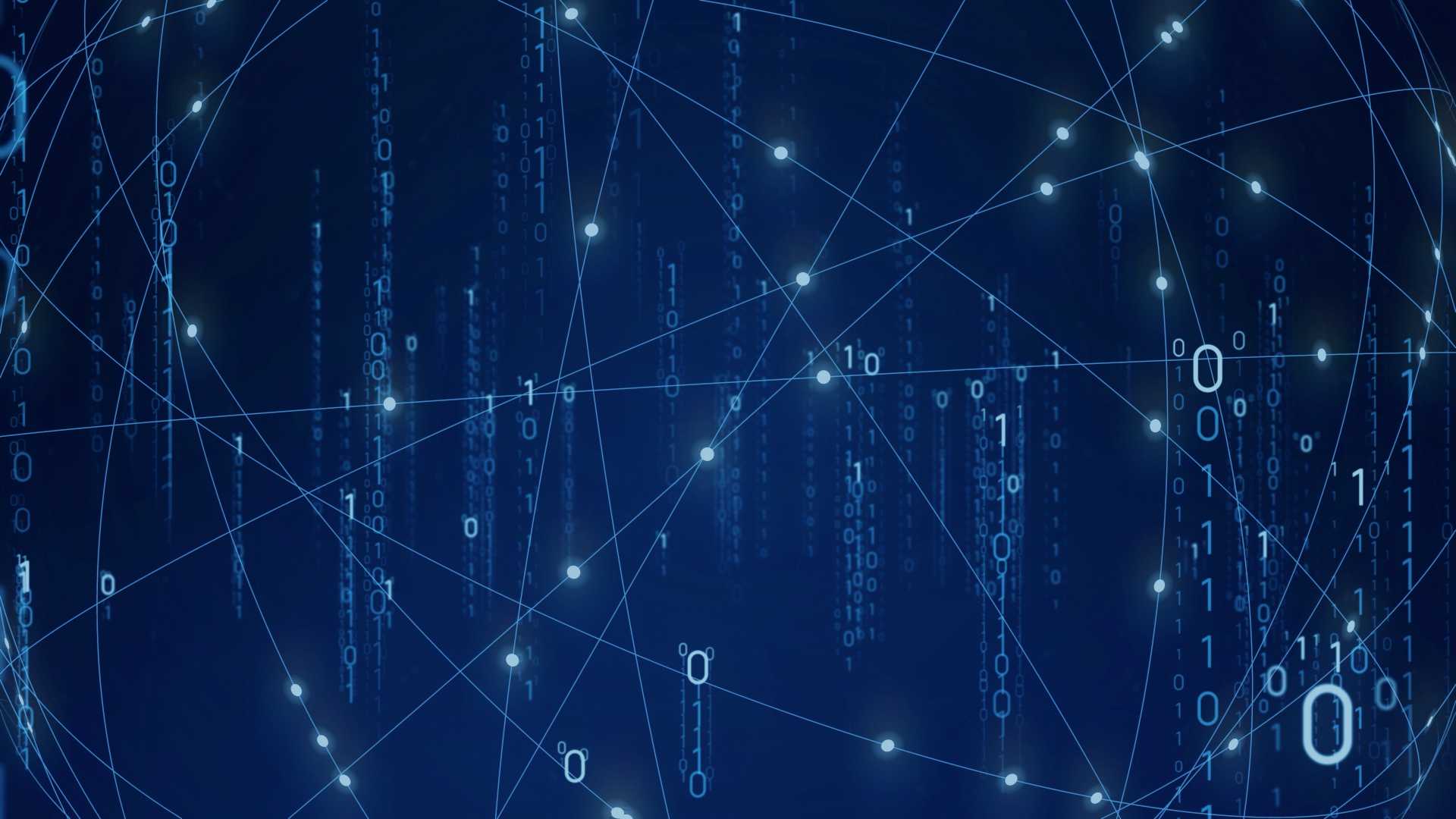Ethereal blue background with coding 1 and 0.