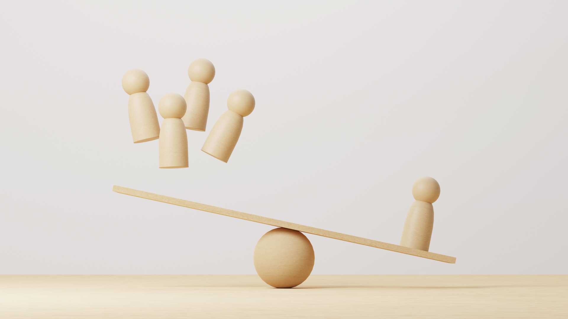 Wooden human compared balancing on wood scale seesaw. 3d illustration