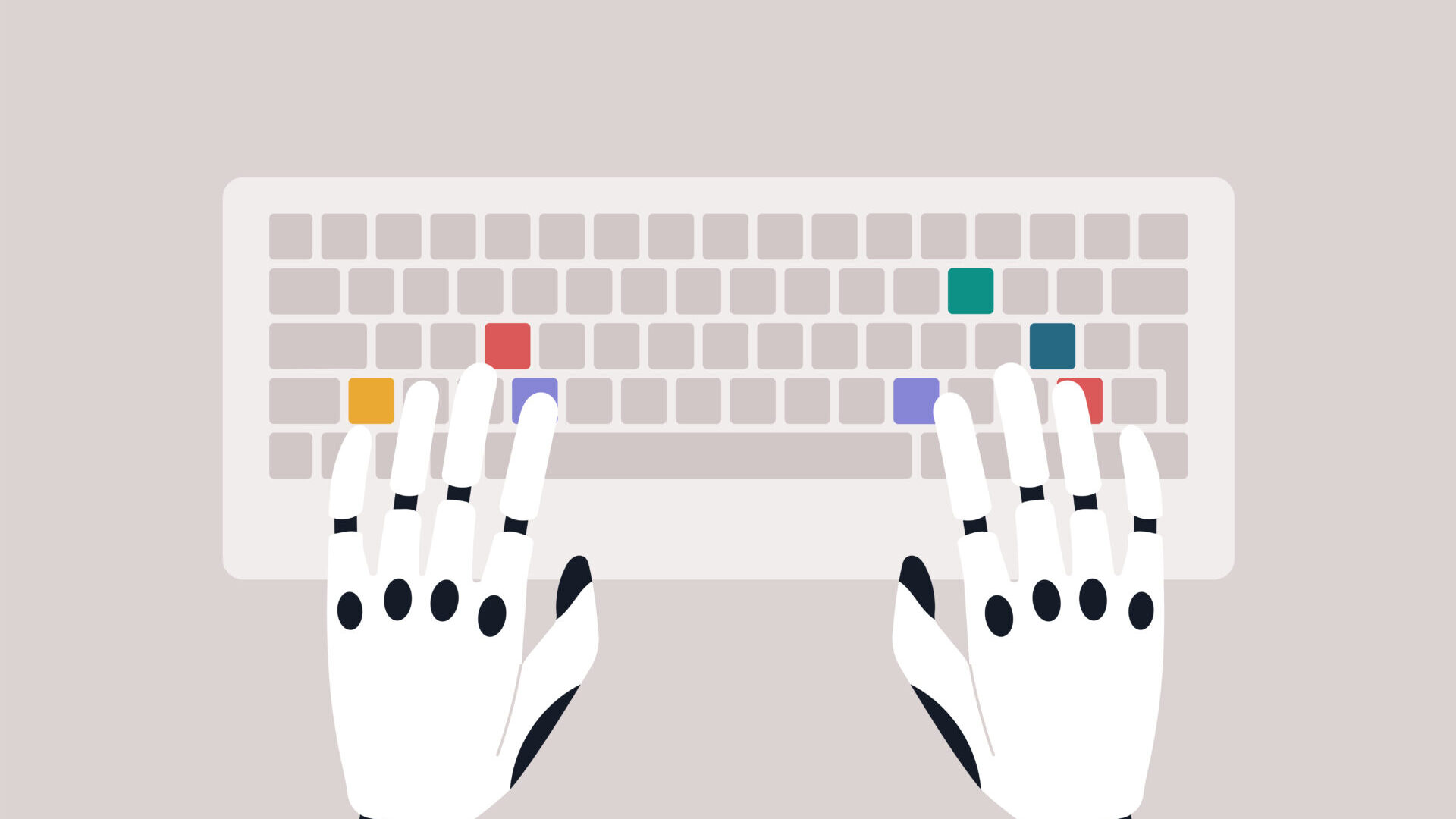 A top view of robotic hands typing on a keyboard, machine learning concept, futuristic technologies