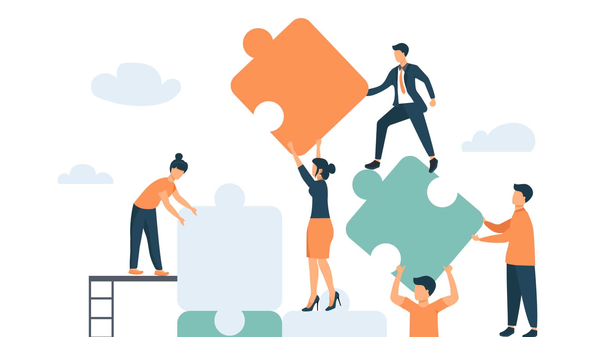 Cartoon people standing up on a ladder and green, orange and periwinkle puzzle/jigsaw pieces.
