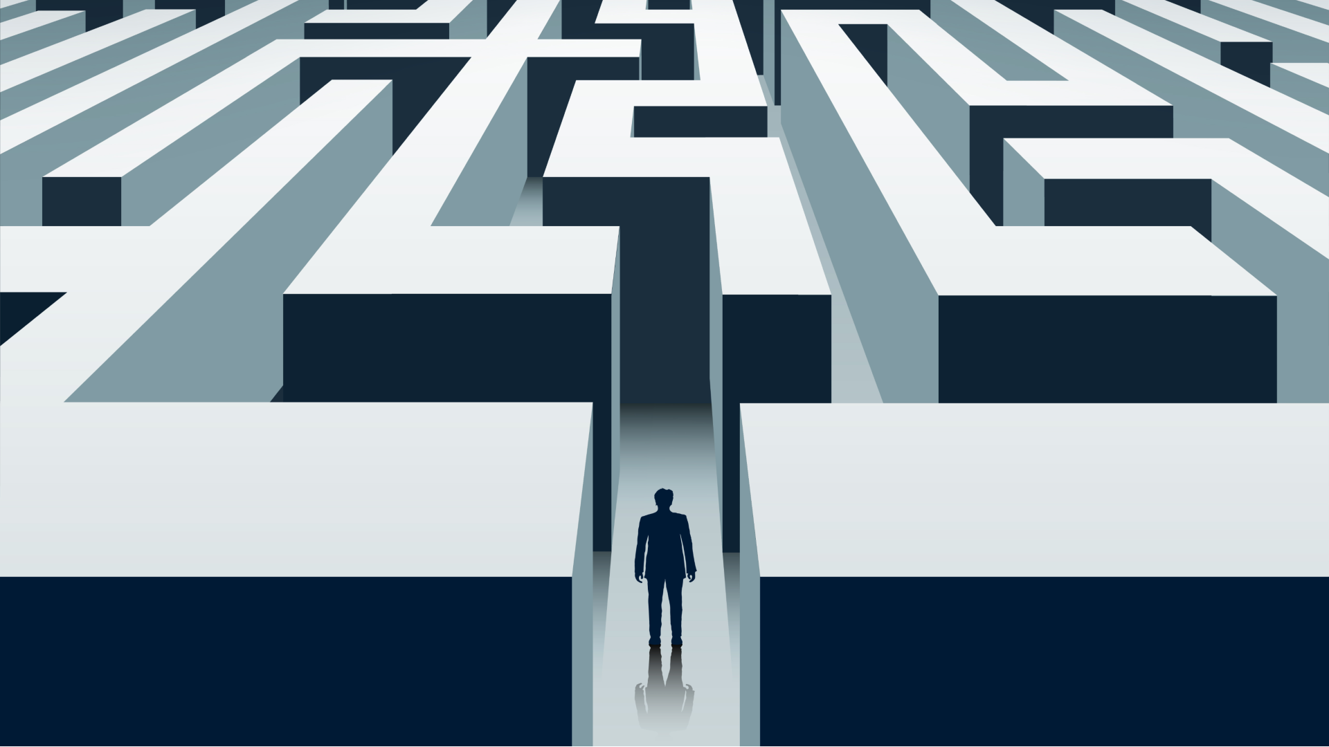 Cartoon figure standing in the beginning of a very complicated labyrinth.
