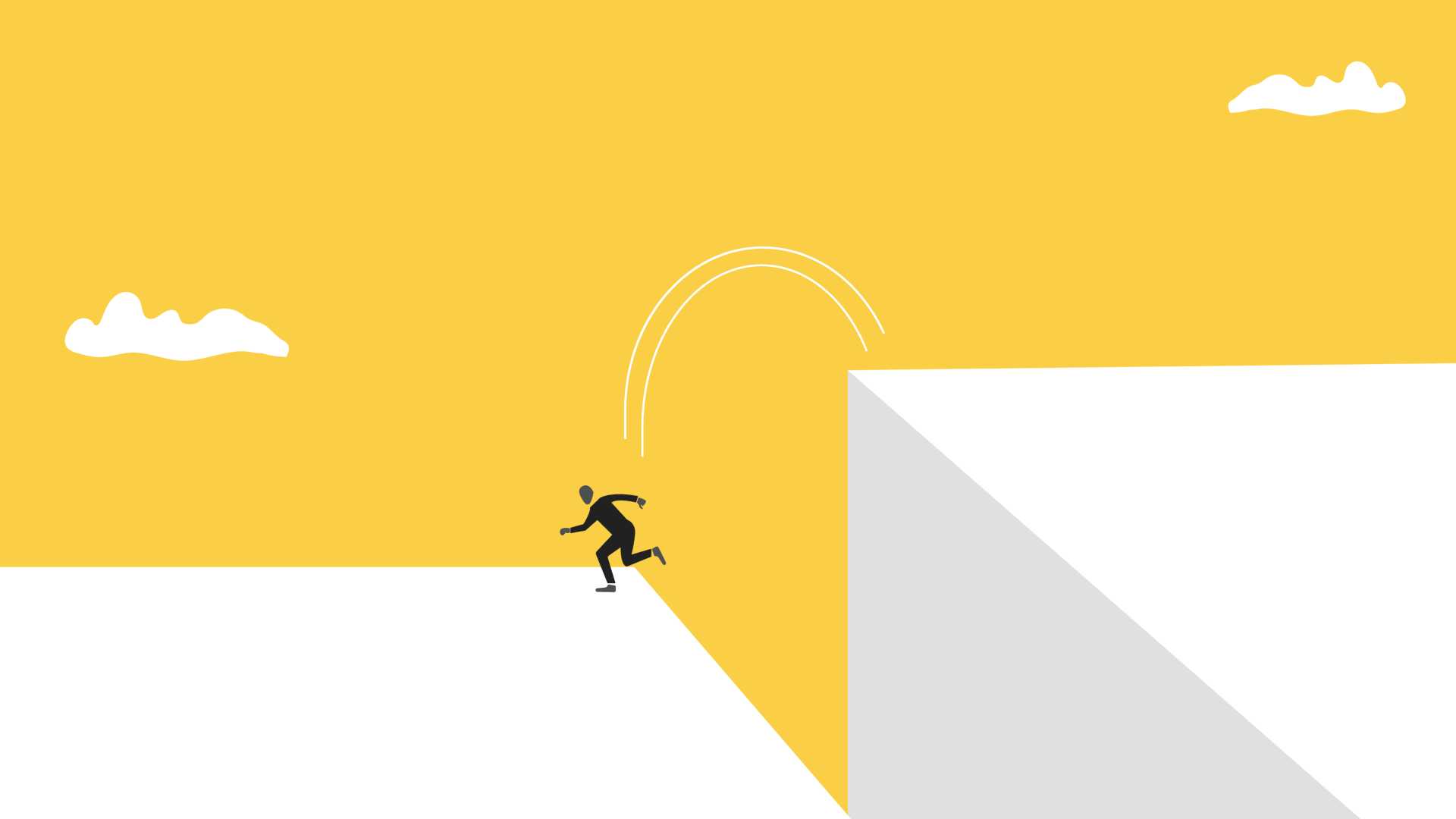 Cartoon figure leaping across a gap.