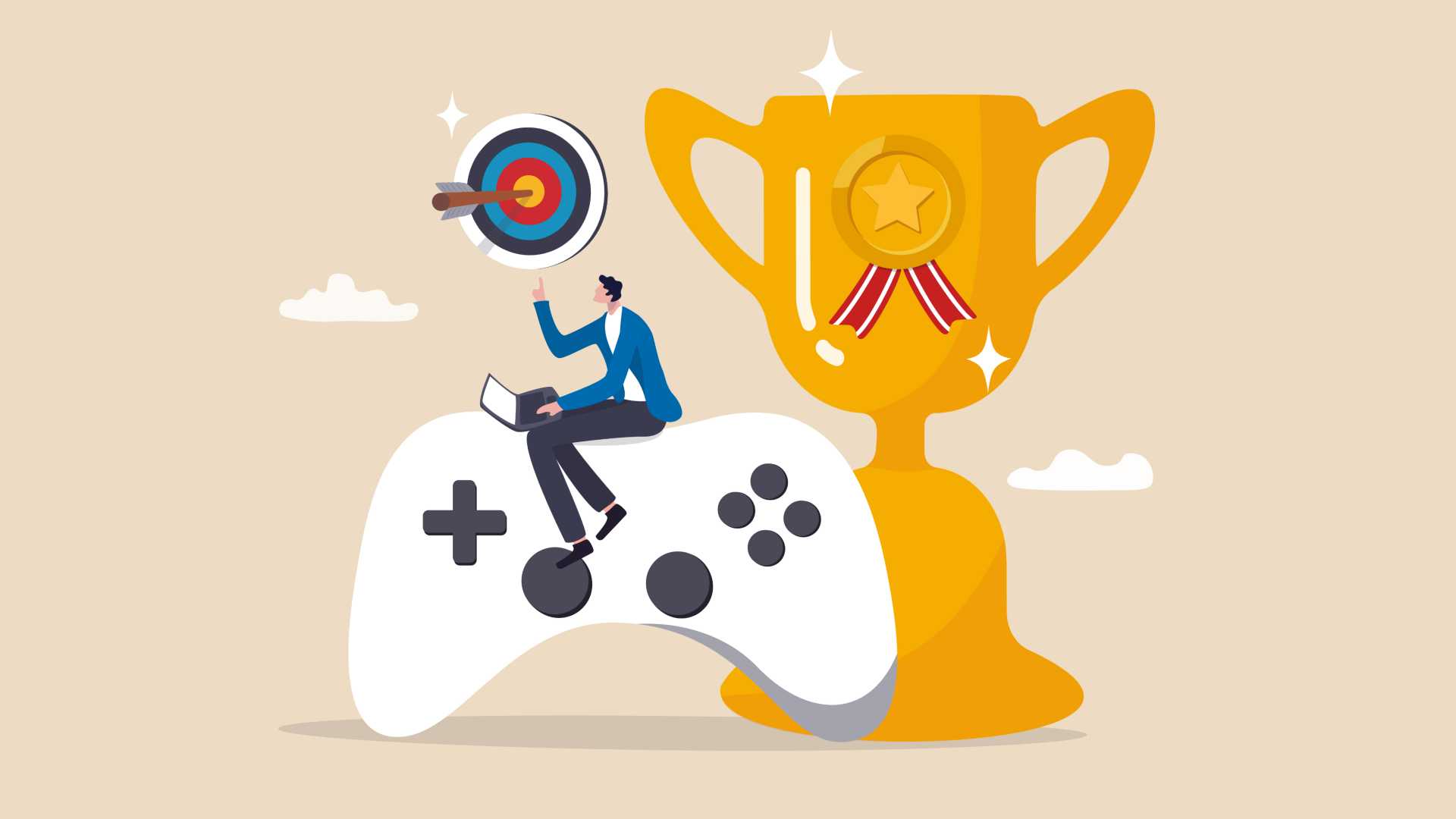 An illustration of a business person sitting on a game controller with a trophy and dart board in the background