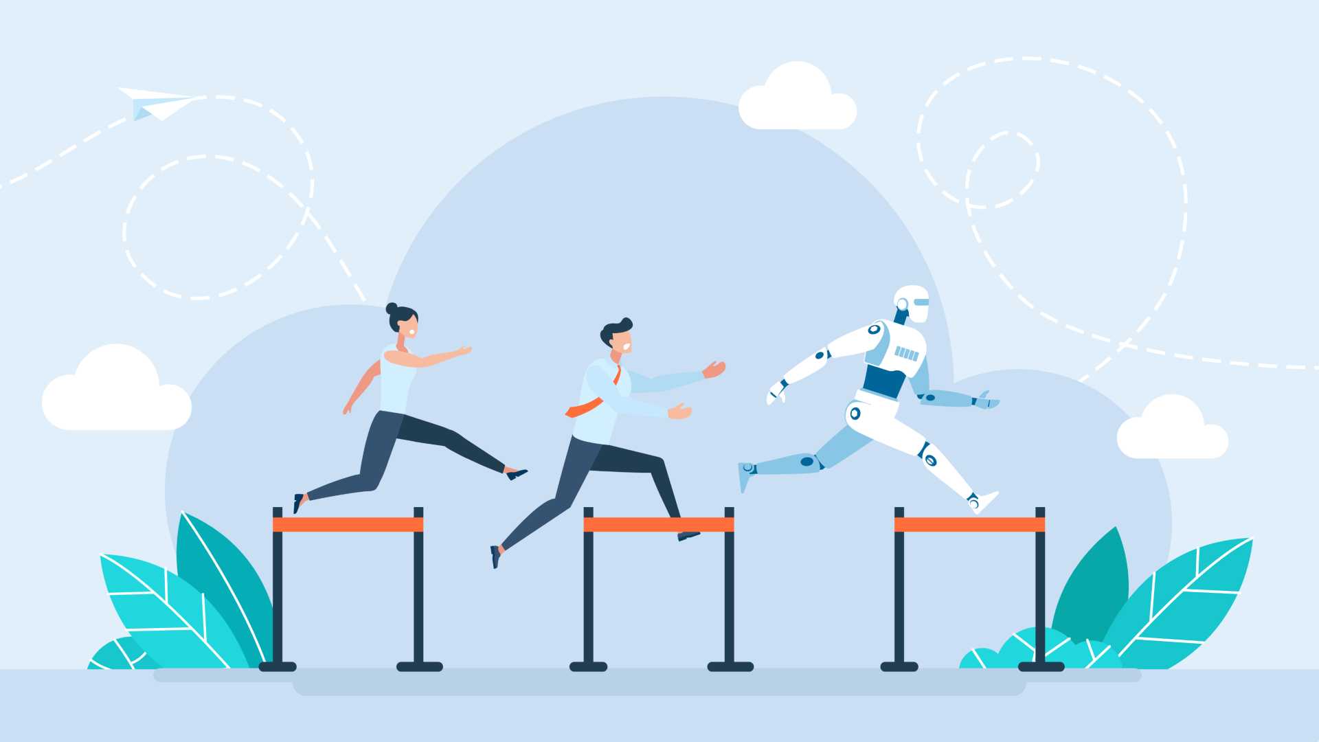 Two people and an android are running and jumping over hurdles