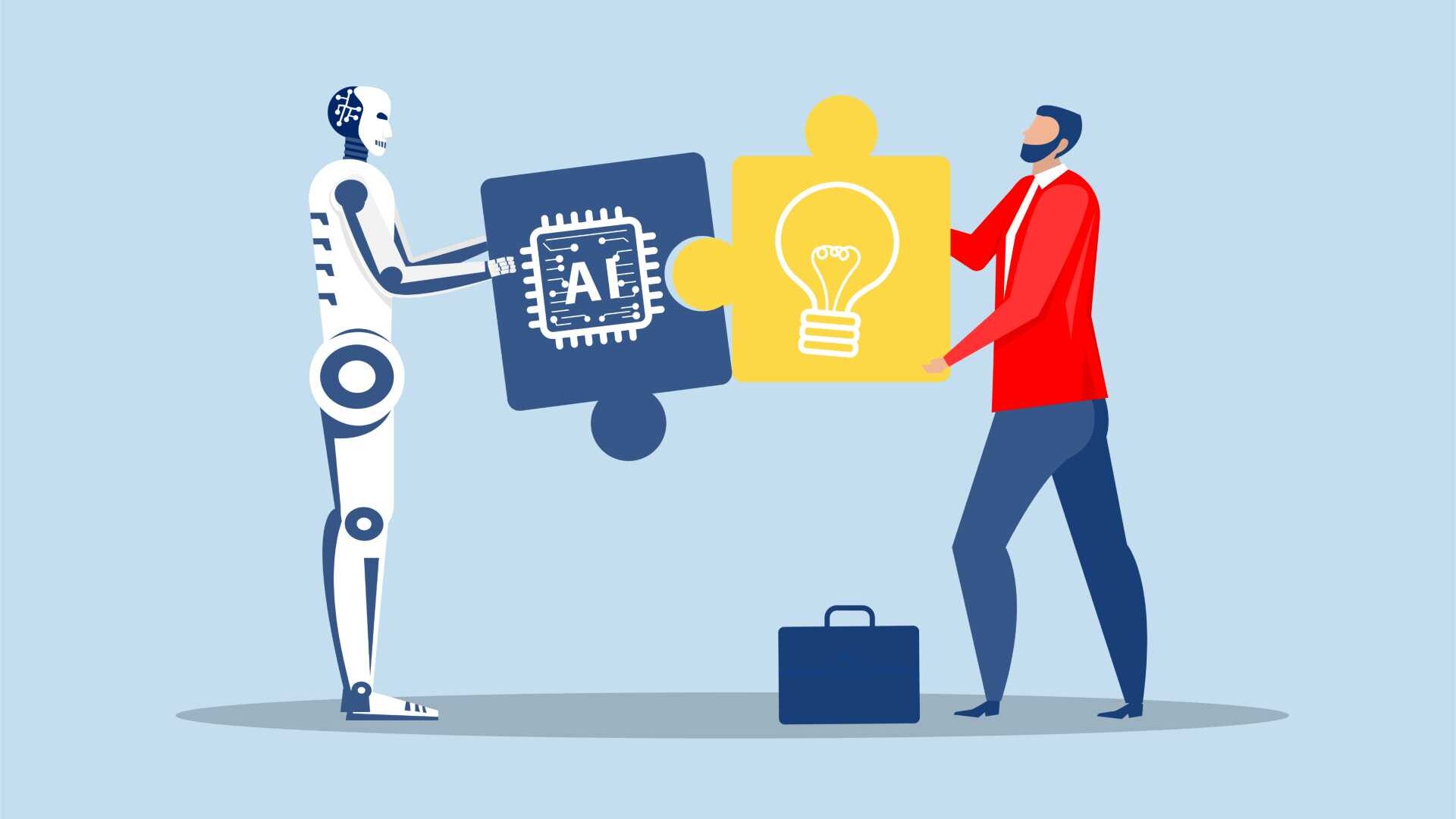 A graphic image of a robot and a man holding puzzle pieces fitting together