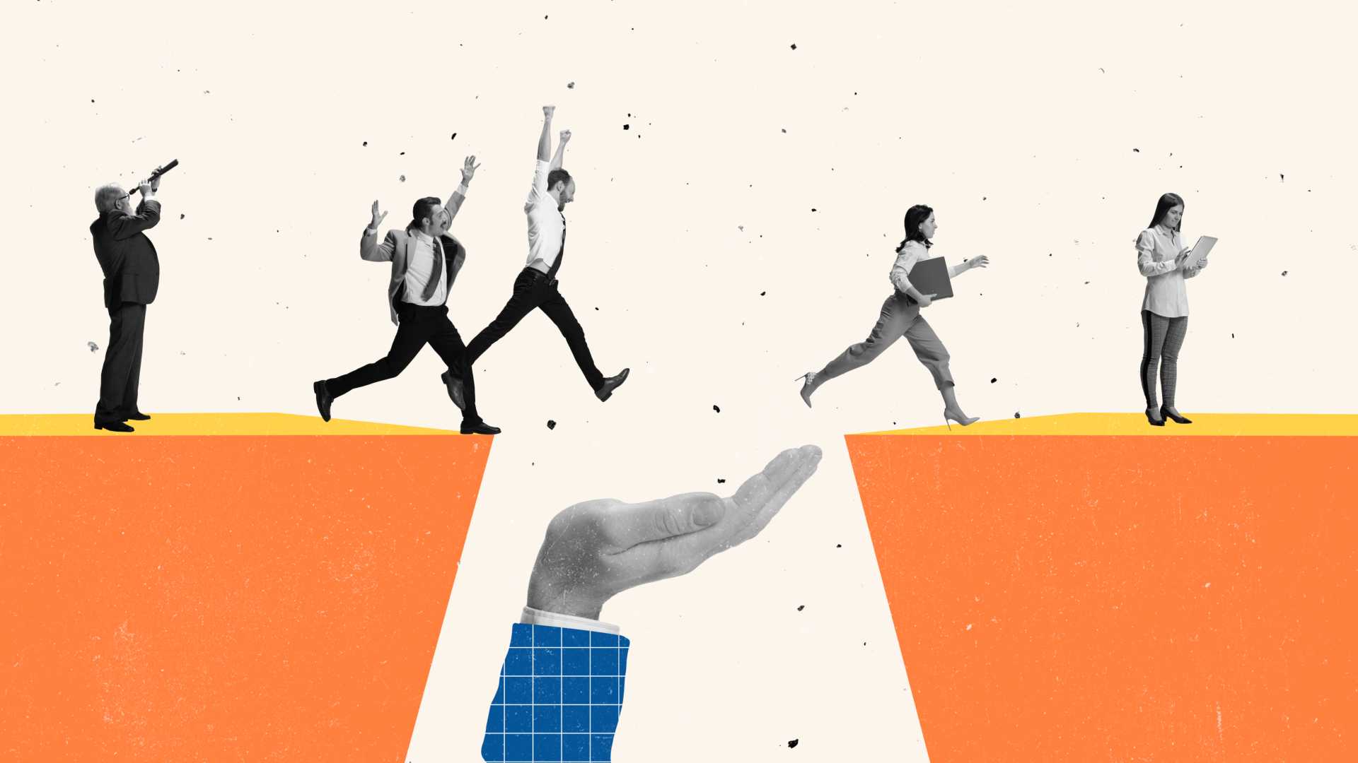 People leaping across a gap with a giant hand acting as a bridge.