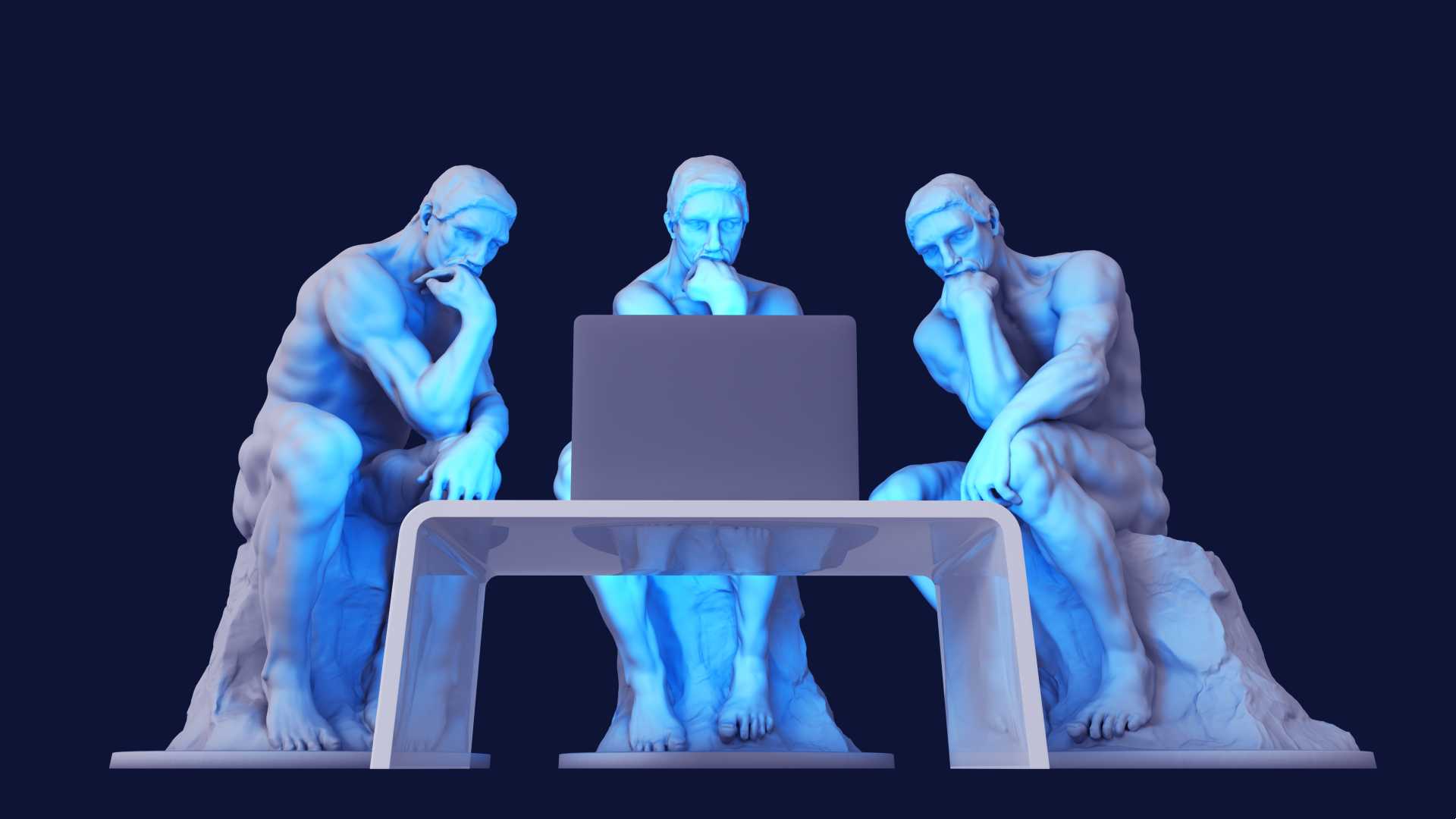 three statues of people thinking are sitting in front of a computer screen