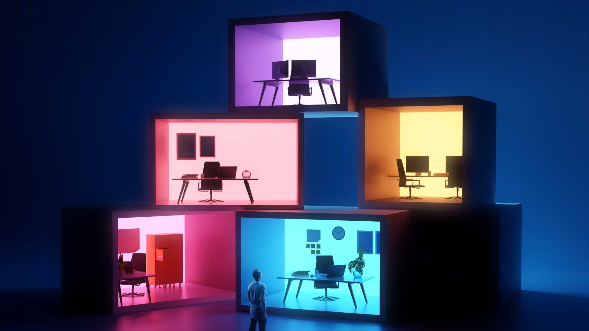 Colorful cubicles stacked up together in a pyramid formation.