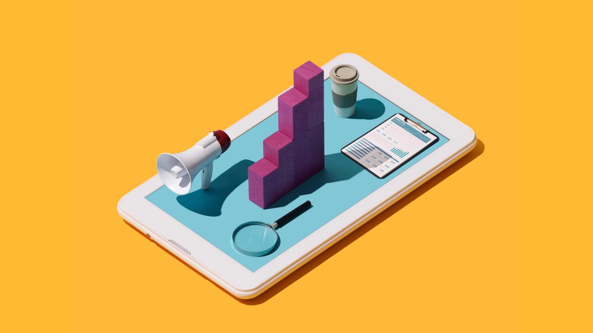 Yellow background with smartphone and icons on top of it.