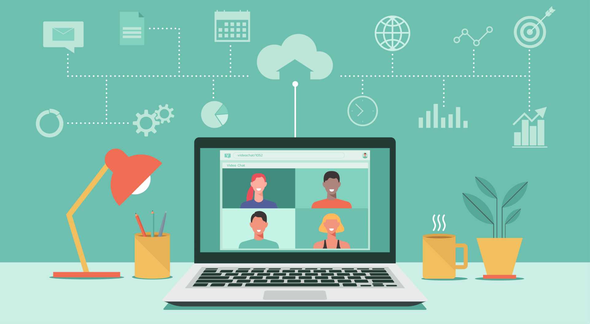 Cartoon of open laptop with video conferencing application open and four colleagues in a meeting against a background with icons.