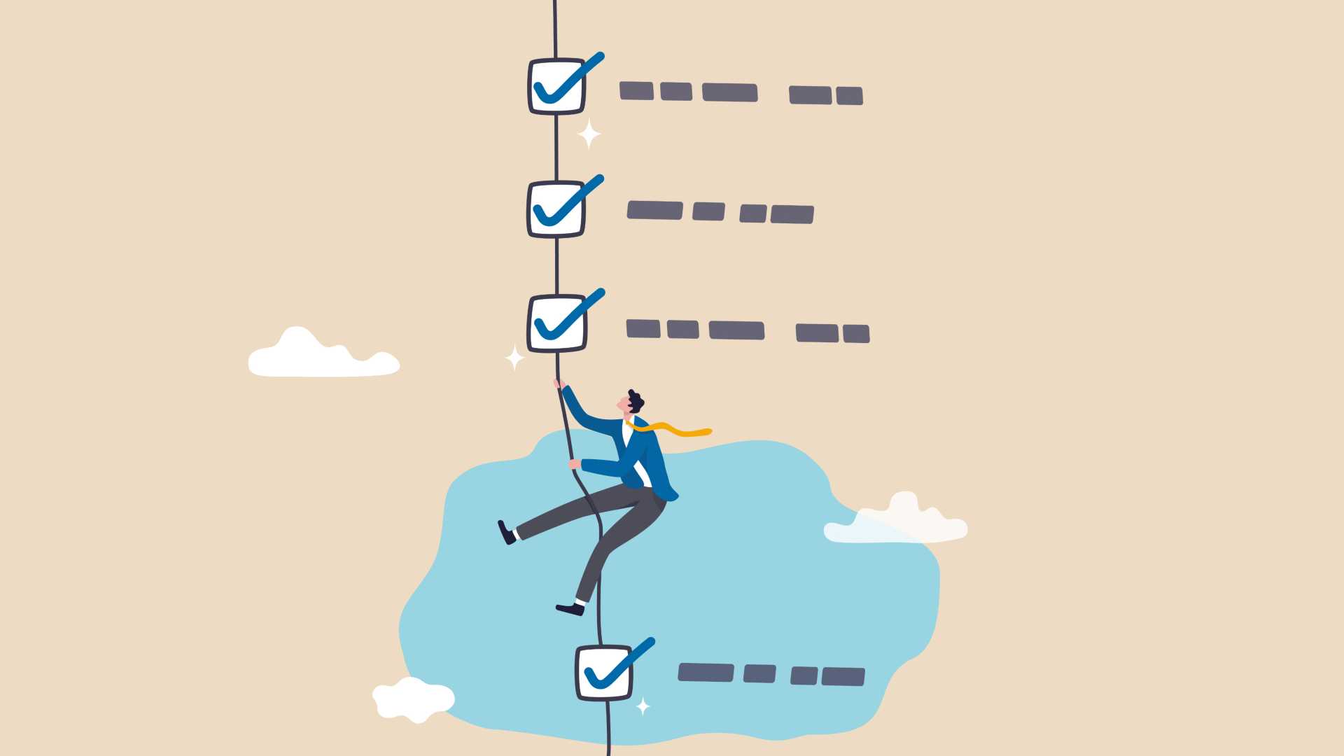an illustration of a ma in a suit climbing a rope that has check boxes along it
