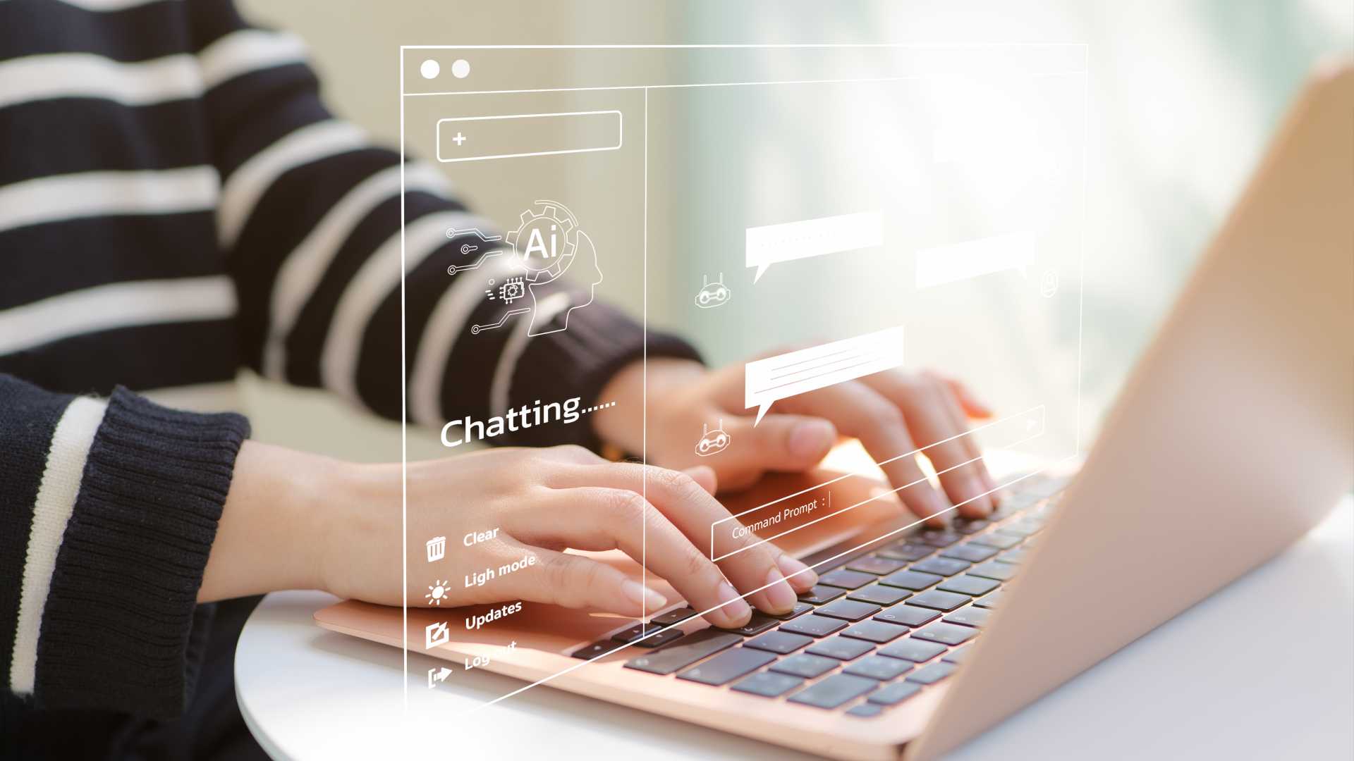 Woman using computer chatting with artificial intelligence