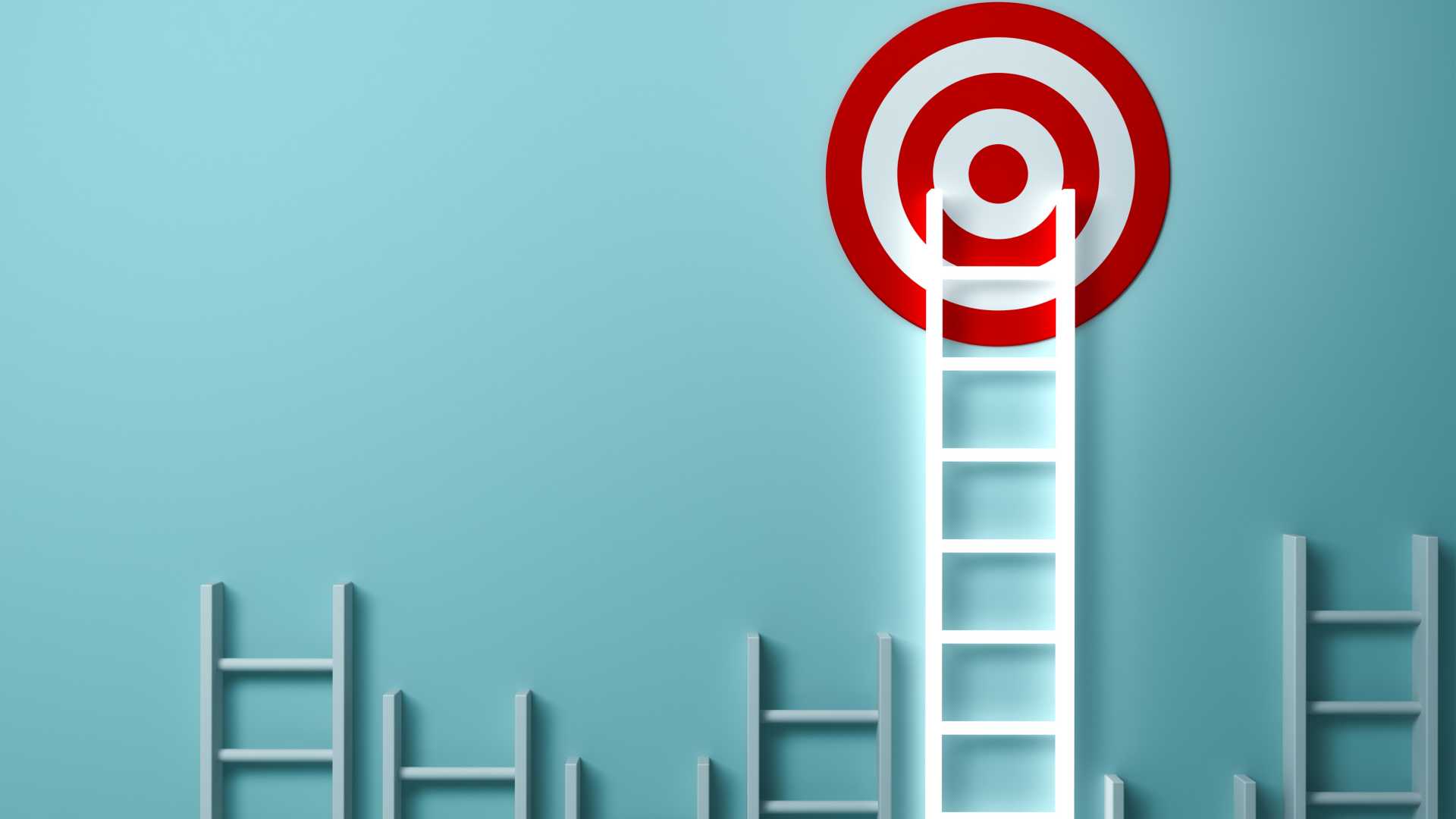 Longest light ladder glowing and resting on a bullseye target among other short ladders