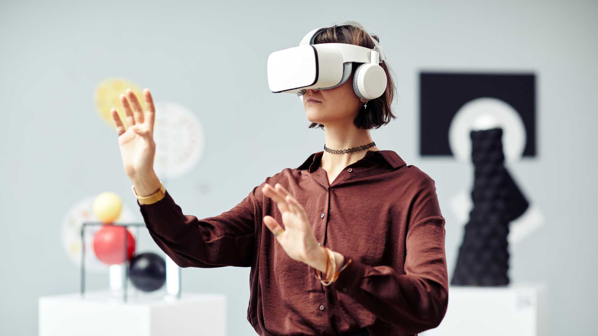 A woman wearing a virtual reality headset