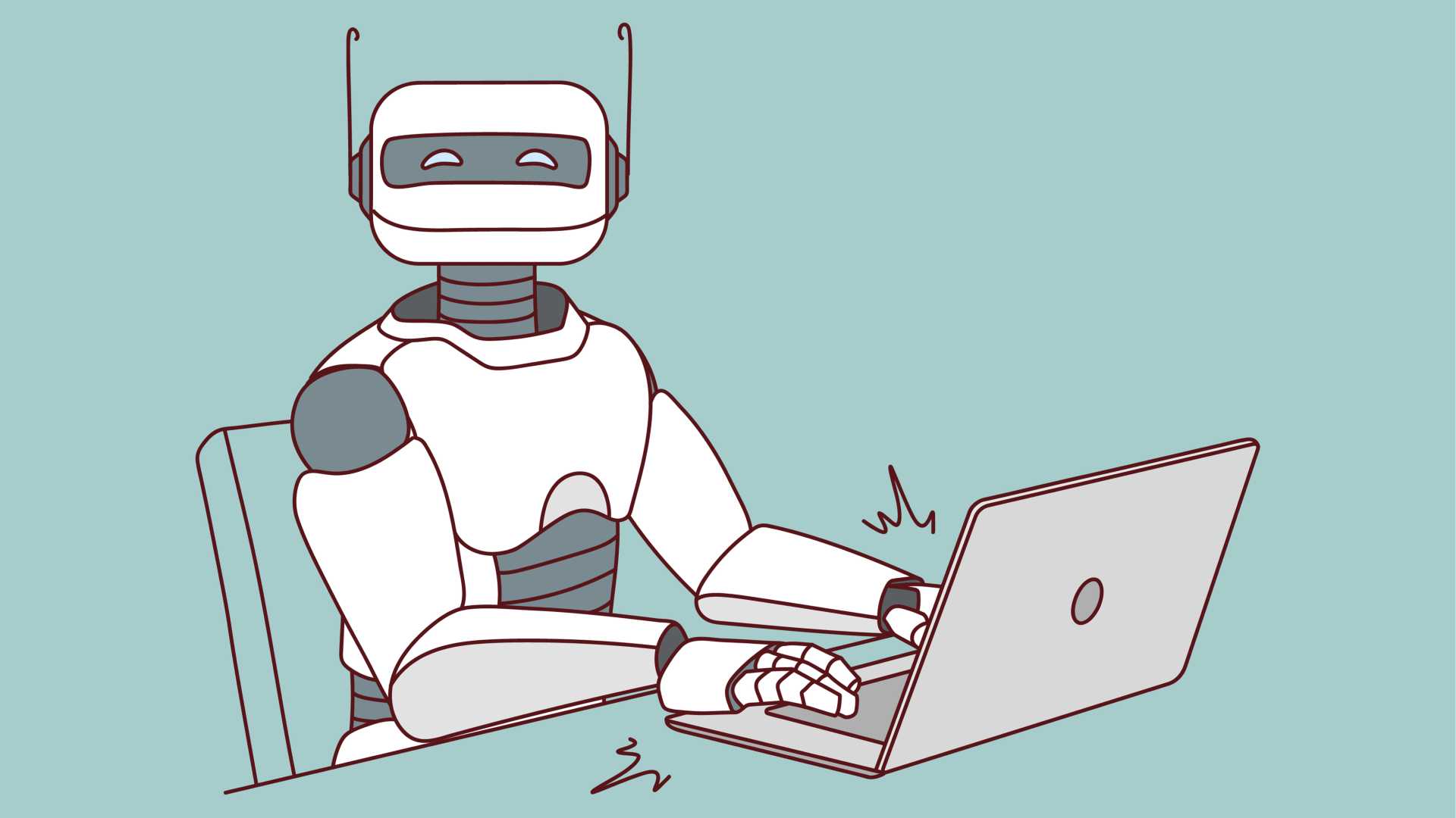 Robot working on computer in office