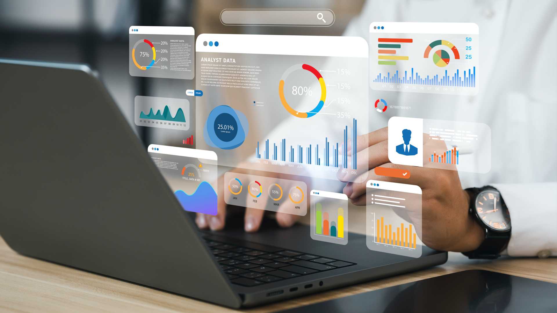 An analyst uses a computer and dashboard for data business analysis and Data Management System with KPI and metrics
