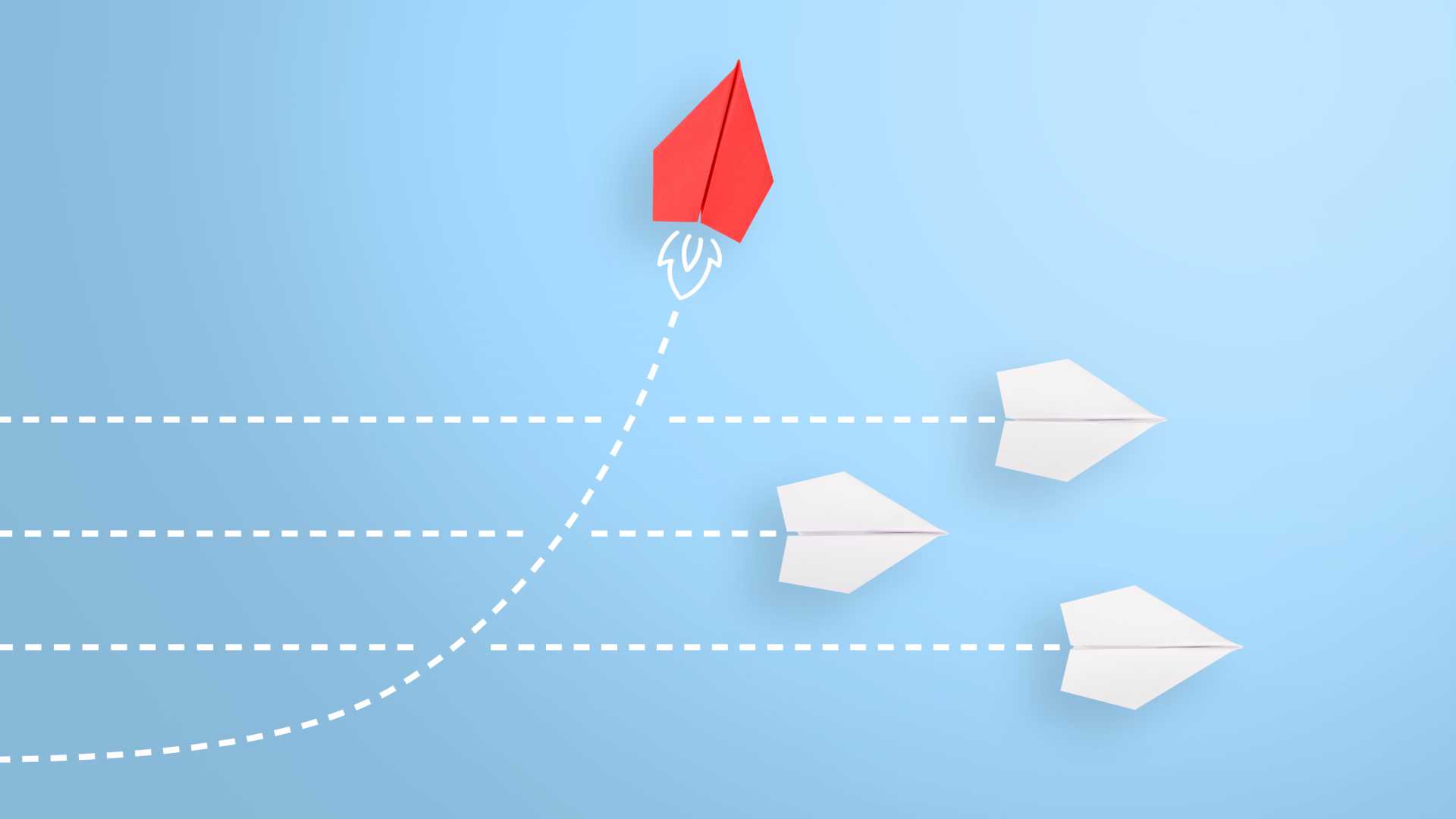 Three white digitally drawn paper airplanes going straight, with red paper airplane shooting upwards.
